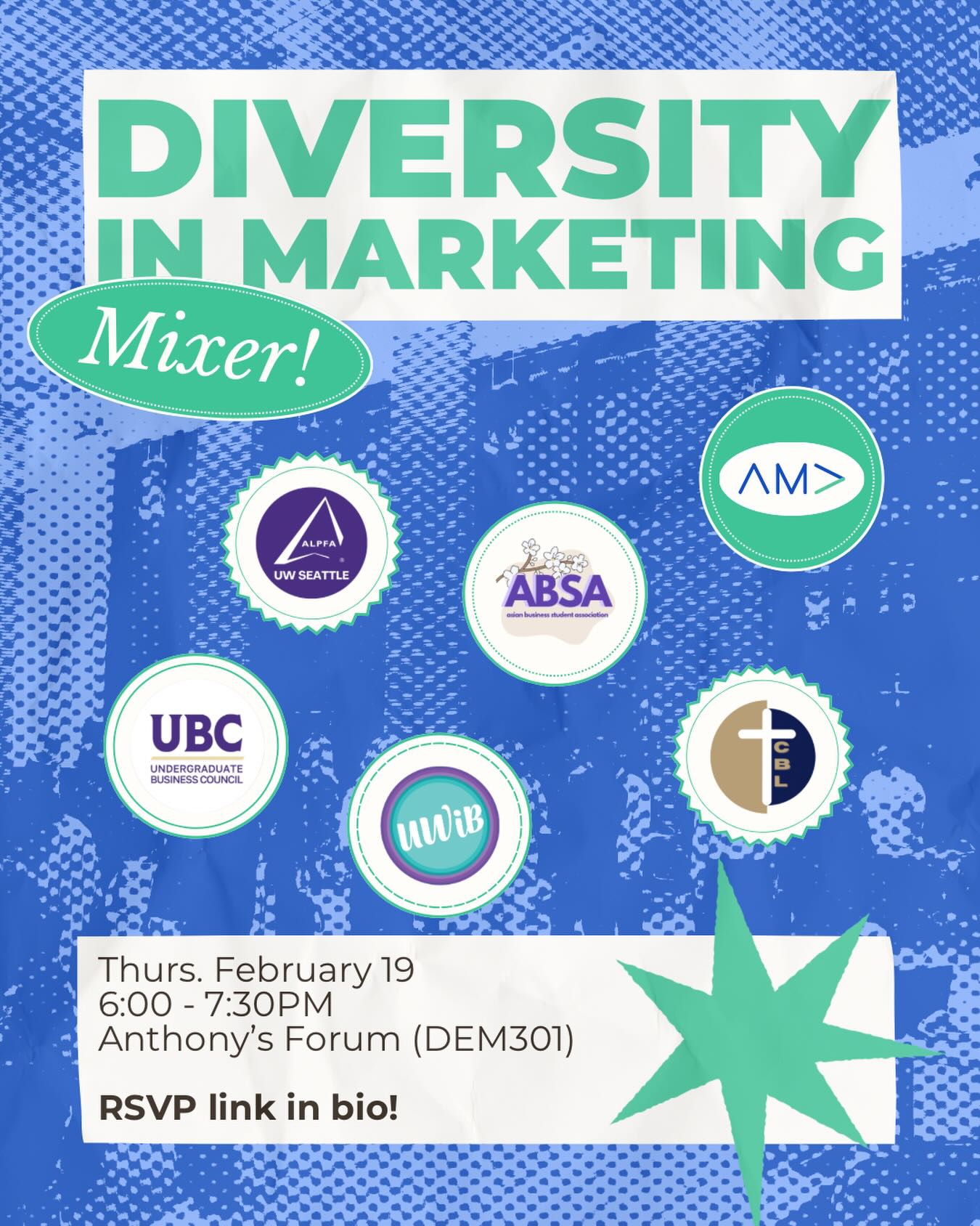 Diversity in Marketing Mixer! ✨
We’re so excited to be collaborating with UBC, UWiB, CBL, ALPFA, and ABSA for the Diversity in Marketing Mixer! 👥
Join us for a speaker panel featuring five marketing professionals and chat with other students interested in marketing for a night of networking, conversation, and community. Whether you’re into marketing, entrepreneurship, or just want to meet new people, this mixer is all about celebrating diverse voices in business. 🤝
This is such a great opportunity to make connections with professionals and peers, and we’d love to see you all there!
RSVP at the link in bio! 🌟
🗓: Thursday, February 19
⏰: 6:00 - 7:30 p.m.
📍: Anthony’s Forum (DEM 302)
👔: Business Casual