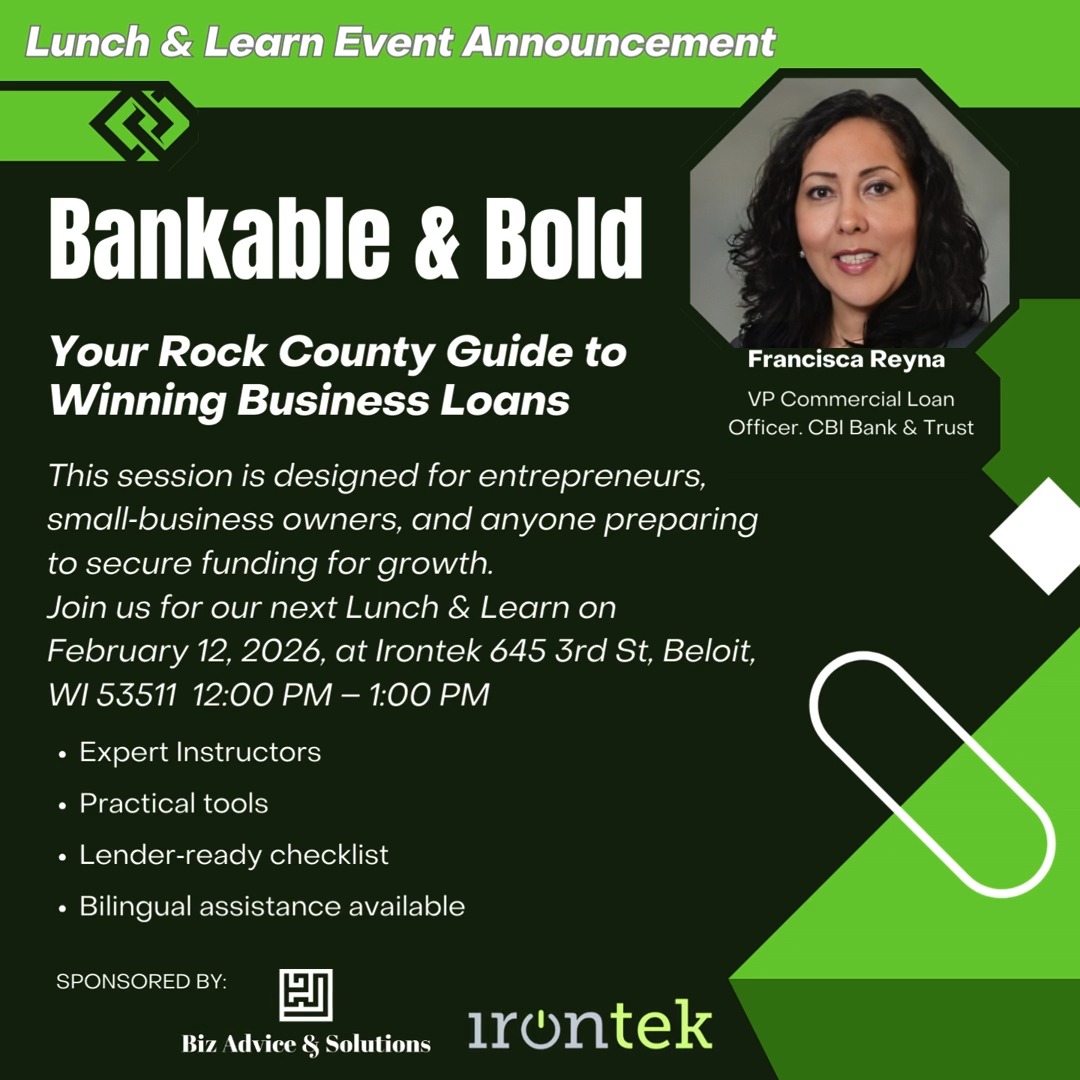 Tacos AND Business Tips? Say no more. 🌮🙌
Come out this Thursday, Feb 12 for "Bankable & Bold: Your Rock County Guide to Winning Business Loans!"
We want to give a massive shoutout to Edward Caceres for putting this amazing event together. He’s done a fantastic job organizing everything to help you get the funding you need.
🔥 ## The Perks:
Expert advice on business loans
Networking with local pros
FREE @olivotaco for the first 50 people!
📅 Thursday, Feb 12 | 12 PM - 1 PM
📍 Irontek Capital Room
Don’t wait—grab your spot (and your taco) by RSVPing below! 👇 https://irontek.coworksapp.com/events/1137215