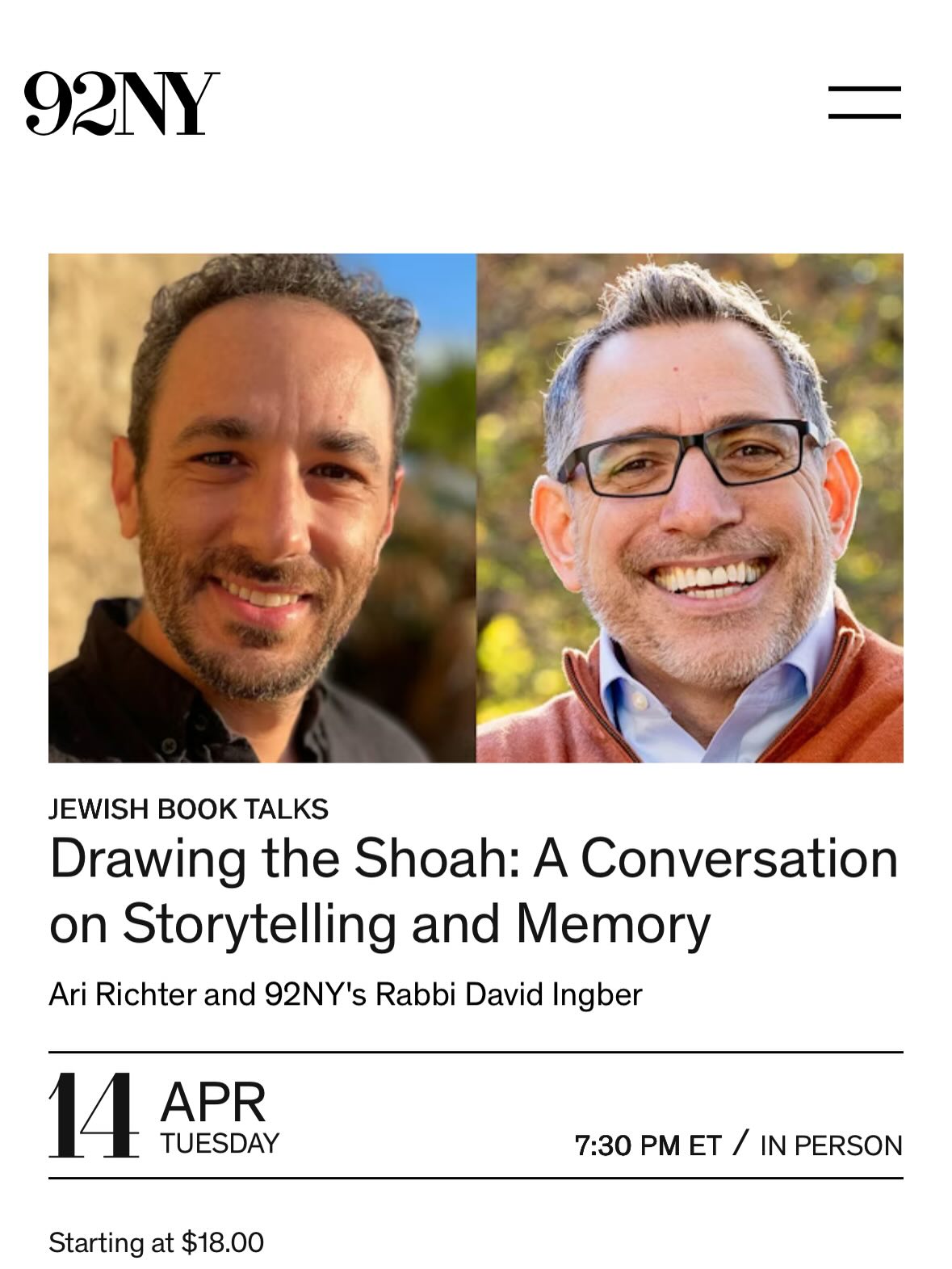 I’m honored to be on an upcoming @92ndstreety panel, Drawing the Shoah: A Conversation on Storytelling and Memory. This Bronfman Center event with @rabbiingber will be at the Warburg Lounge on Tuesday, April 14, 7:30pm.
More info and tickets at link in bio.