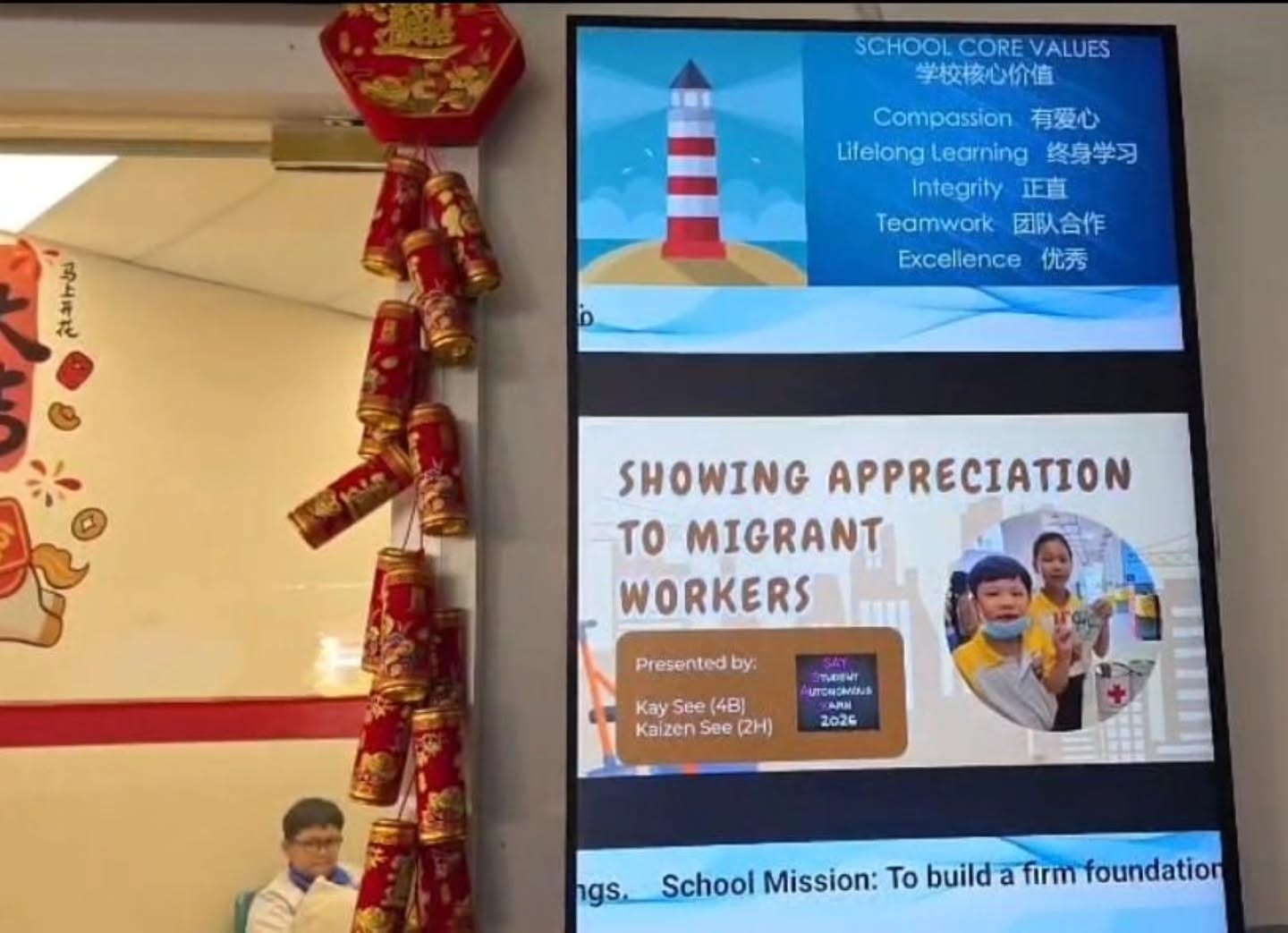 Before creating the Chinese New Year blessing video, the children prepared and shared a short presentation in school to help their peers understand who migrant workers are and why appreciation should come from respect, not pity.
By learning together and having these conversations, the children began to see how understanding leads to empathy โ and how empathy guides action.
We believe kindness grows when children are given the space to learn, think, and share.
Understanding shapes how we act ๐
#LittleHandsBigHearts
#ChildLed
#Rasingkindkids
#EmpathyInAction
#OurSingaporeFund