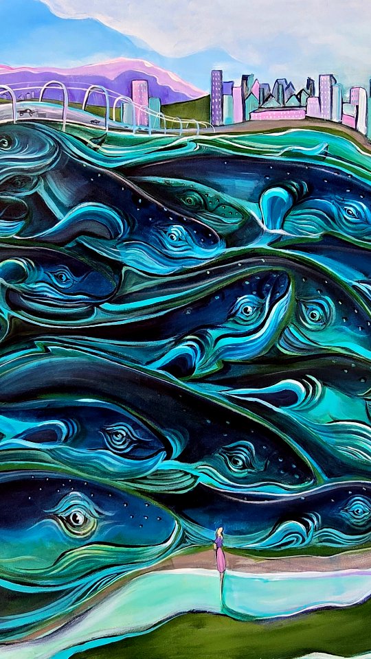 "They Came to Harbor" on view as part of the exhibit "The Large and Small of it" at the @nhartassociation Robert Lincoln Gallery in Portsmouth, NH, February 4 to March 1, 2026. This painting was inspired from a dream I had about a huge pod of whales swimming into the harbor of an unrecognized city, I was a very small spectator. It was magical!
#newhampshireartist #nhart #fishart #nhartist #portsmouthnh