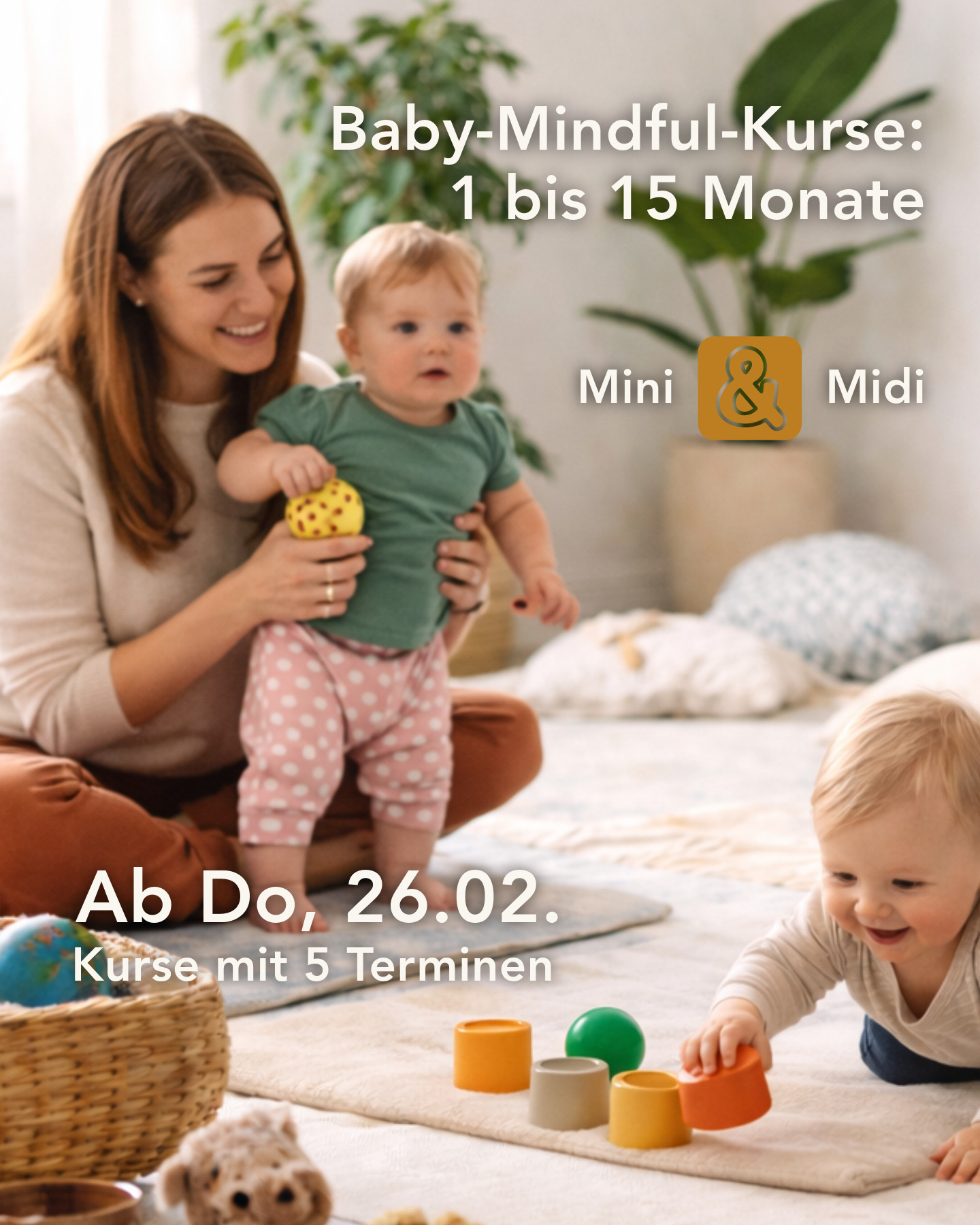 Zeit für Nähe, Bewegung & bewusstes Miteinander.
Mit Mindful Mini (1–10 Monate) und Mindful Midi (7–15 Monate) begleitet Miriam dich und dein Baby achtsam durch diese besondere Phase des Wachsens.
Mit Bewegung, Spiel, Kreativität, Austausch und kleinen Momenten zum Innehalten.
✨ Für dein Baby: altersgerechte Sinnes-, Bewegungs- & Spielimpulse
✨ Für dich: Achtsamkeit, Selbstfürsorge & Raum zum Durchatmen
✨ Für euch: Verbindung, Freude & Austausch mit anderen Eltern
📅 Start: Do, 26.02.26
🕙 Mindful Midi: 10:00–11:00 Uhr (7–15 Monate)
🕦 Mindful Mini: 11:30–12:30 Uhr (1–10 Monate)
⏳ 5 Termine · 💶 90 €
👩🏫 Leitung: Miriam Laudini @trageliebe.nussloch
Ein geschützter Raum für Familienzeit – liebevoll, entspannt und echt. 🤍