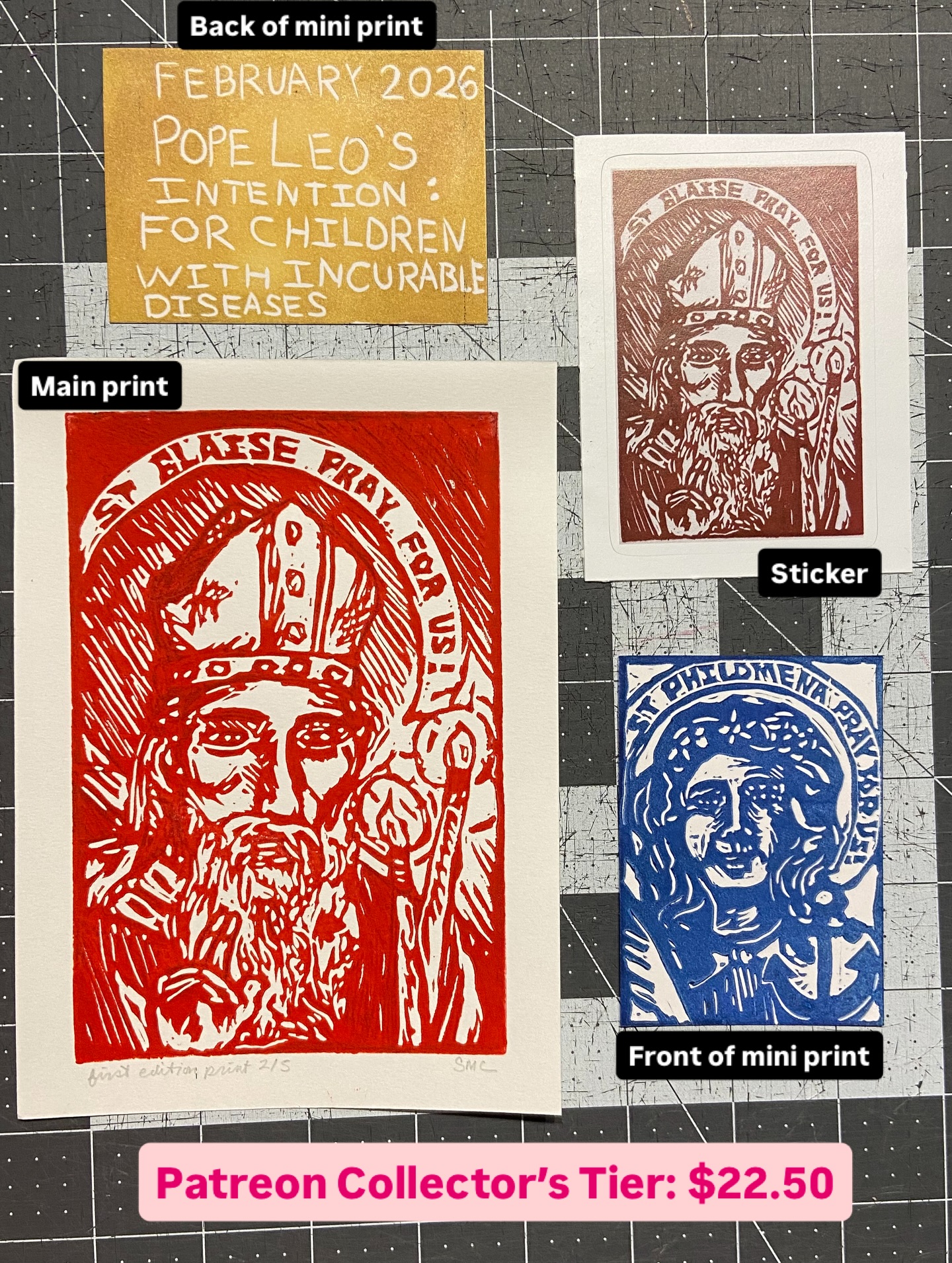 All the pieces for this month’s Patreon Mail Club are finally done! Link in bio to join, spots still available for this month’s prints :)
Different Saint/Blesseds/etc… linocut print each month based upon the month’s feast days that are taking place. The mini print relates to Pope Leo’s intention for the month and has his prayer intention printed on the back (is more of a prayer card and is the size of a trading card). Sticker included too of the main print. All items, except for the sticker, are handmade in the collectors tier.
PenPal tier is a postcard version of the main linocut print and sticker version as well. Items are not handmade in this tier. I think for next month I’m going to change the penpal tier for it to have the sicker be of the front image of the mini print.
Enjoy and Happy Valentines Day!
#catholic #catholicart #mail #fyp #linocut