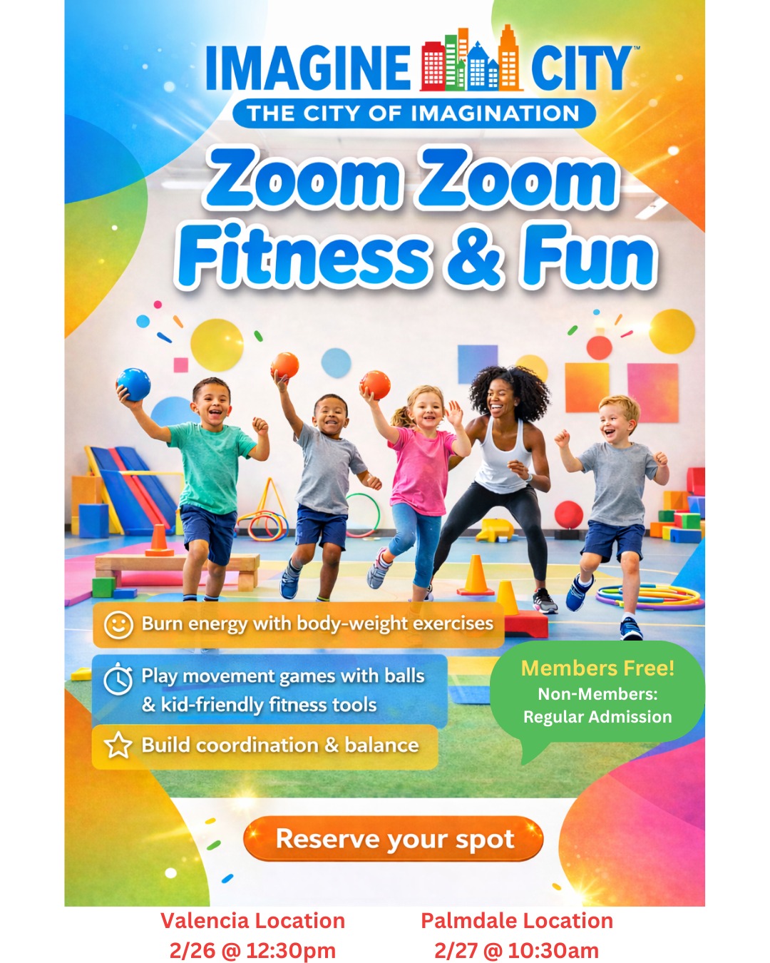 ๐ ZOOM ZOOM FITNESS & FUN ๐ช
Letโs move, learn, and sweat the FUN way!
๐ Valencia Location
๐
Today, February 26th!
โฐ 12:30 PM
๐ Palmdale Location
๐
Friday, February 27th!
โฐ 10:30 AM
Kids will:
๐ฅ Burn energy with body-weight exercises
๐ Play movement games with balls & kid-friendly tools
โญ Build coordination & balance
๐ง Learn through interactive challenges
Spots may be limited โ donโt miss it!
Tag a parent who needs a high-energy activity for their kids ๐
#ImagineCity #ZoomZoomFitness #KidsFitness #ValenciaFamilies #PalmdaleFamilies #CityOfImagination