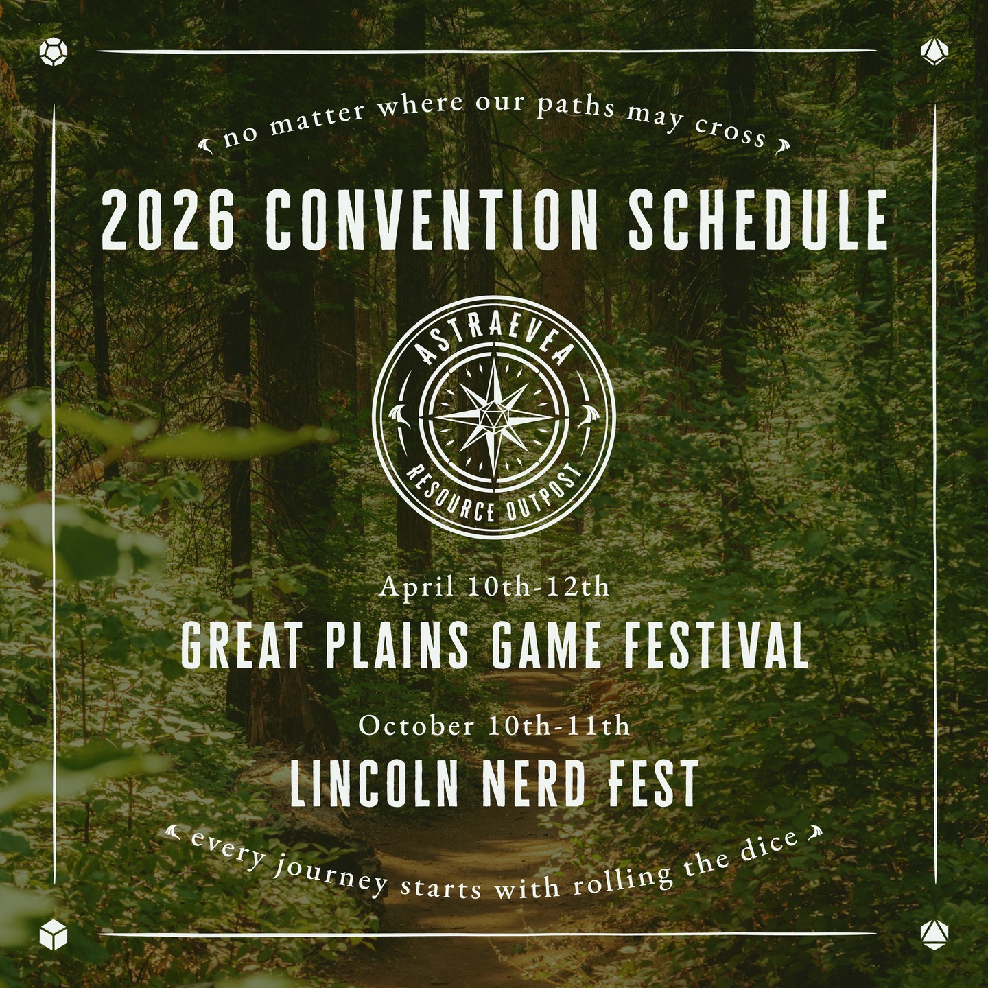 We are so excited to reveal our convention lineup for 2026! You can find us at @greatplainsgamefest in April and @lincolnnerdfest in October. Stop by the booth for a quest, pick up a new familiar or set of dice, and tell us stories of your adventures!
Also in the news, you may want to keep an eye out on our website www.aroutpost.shop in the early summer. Big things are coming soon 👀
And always remember, no matter where our paths may cross, every journey starts with rolling the dice!
PC: unsplash.com/@danjams