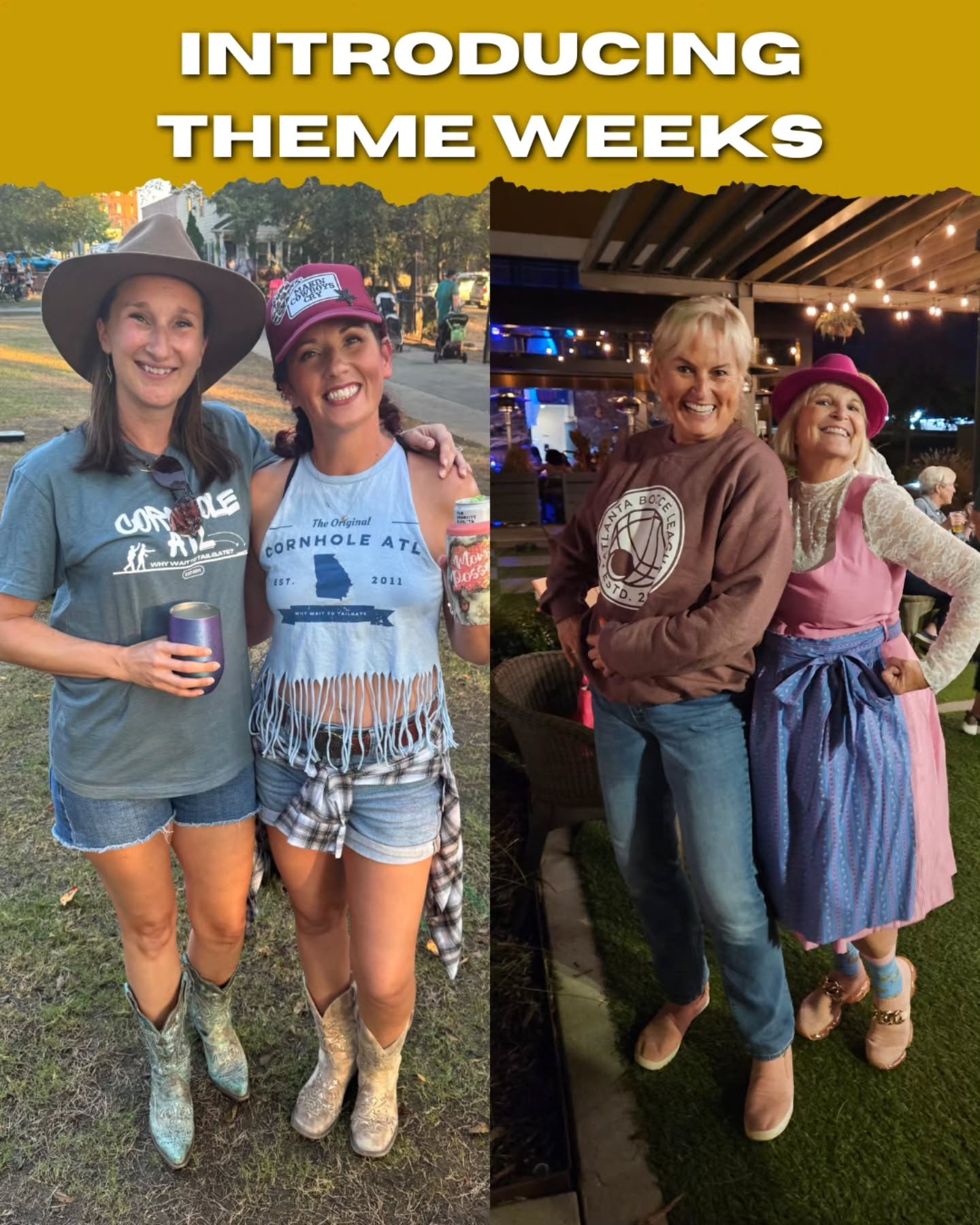 Theme weeks are officially on ๐ Each week of the season has a theme! Costumes and crazy outfits encouraged. Check the schedule and start planning your fits for the spring.