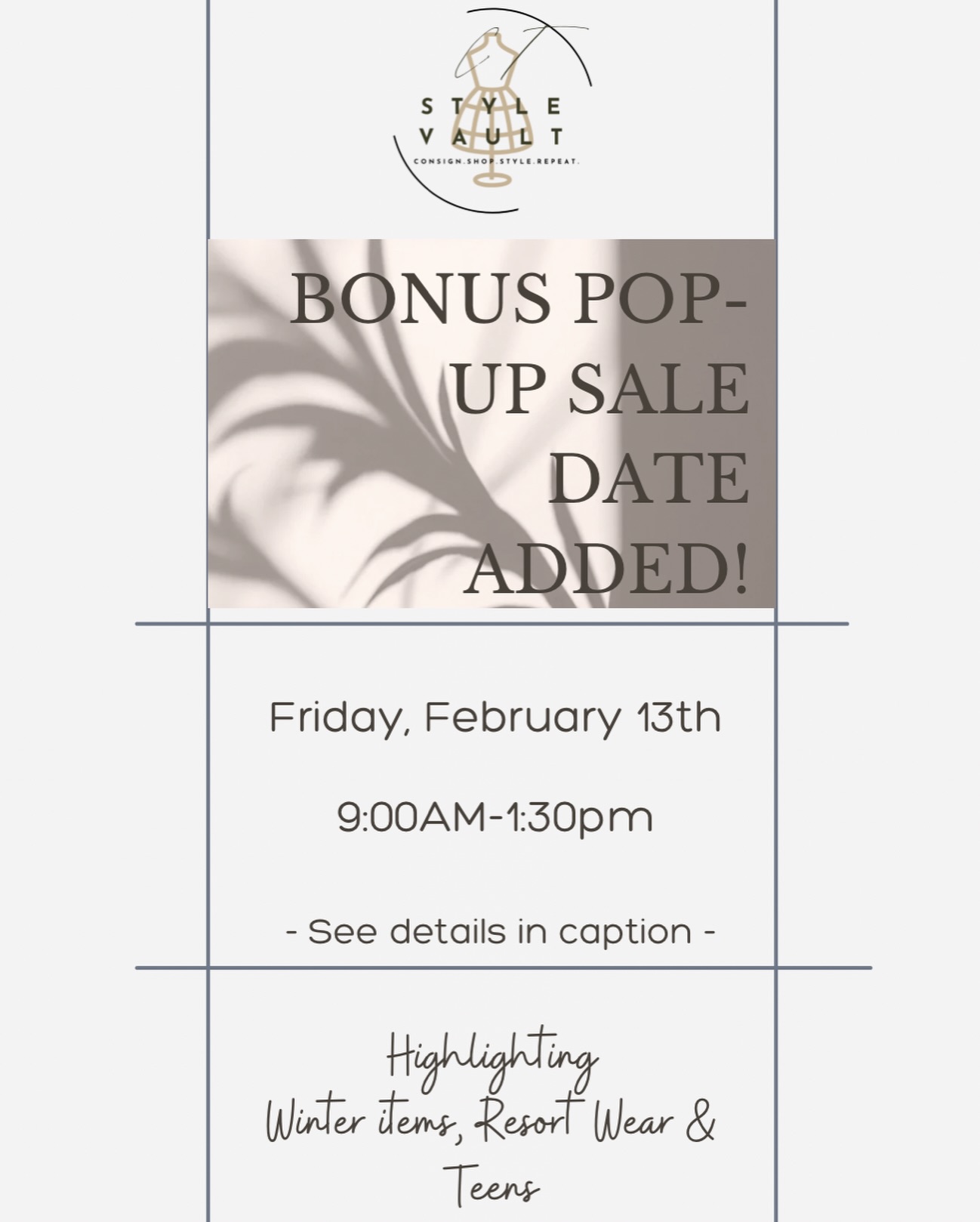 A little something extra… ✨
Due to demand, we’ve added a BONUS pop-up date and we can’t wait to see you.
Join us
🗓️ Friday, February 13th
⏰ 9:00AM–1:30PM
📍 22 Old Farm Rd, Darien
We’ll be highlighting beautifully curated winter pieces, chic resort wear, and must-have finds for teens — all thoughtfully selected and ready for their next chapter.
Consign. Shop. Style. Repeat.
Door may be closed to keep it cozy — but please come on in through the garage🤍
#CTStyleVault #DarienCT #PopUpSale #ConsignInStyle #ResortWear