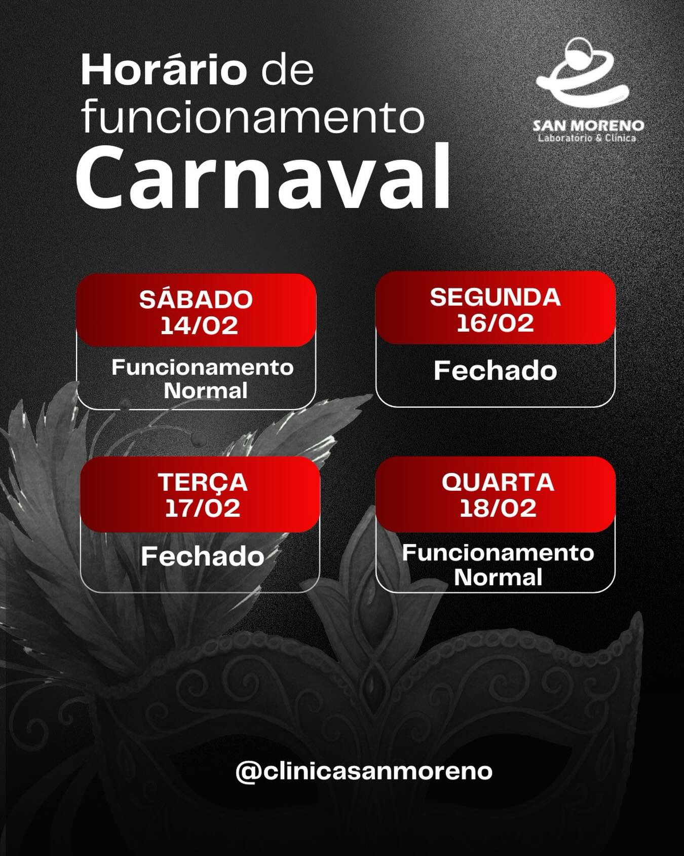 Confira os dias e horários de atendimento e programe-se para curtir a folia sem preocupações. 🥳
Aproveite o feriado, mas lembre-se: saúde em dia é o melhor bloco para seguir!
Bom Carnaval! 💛🎊