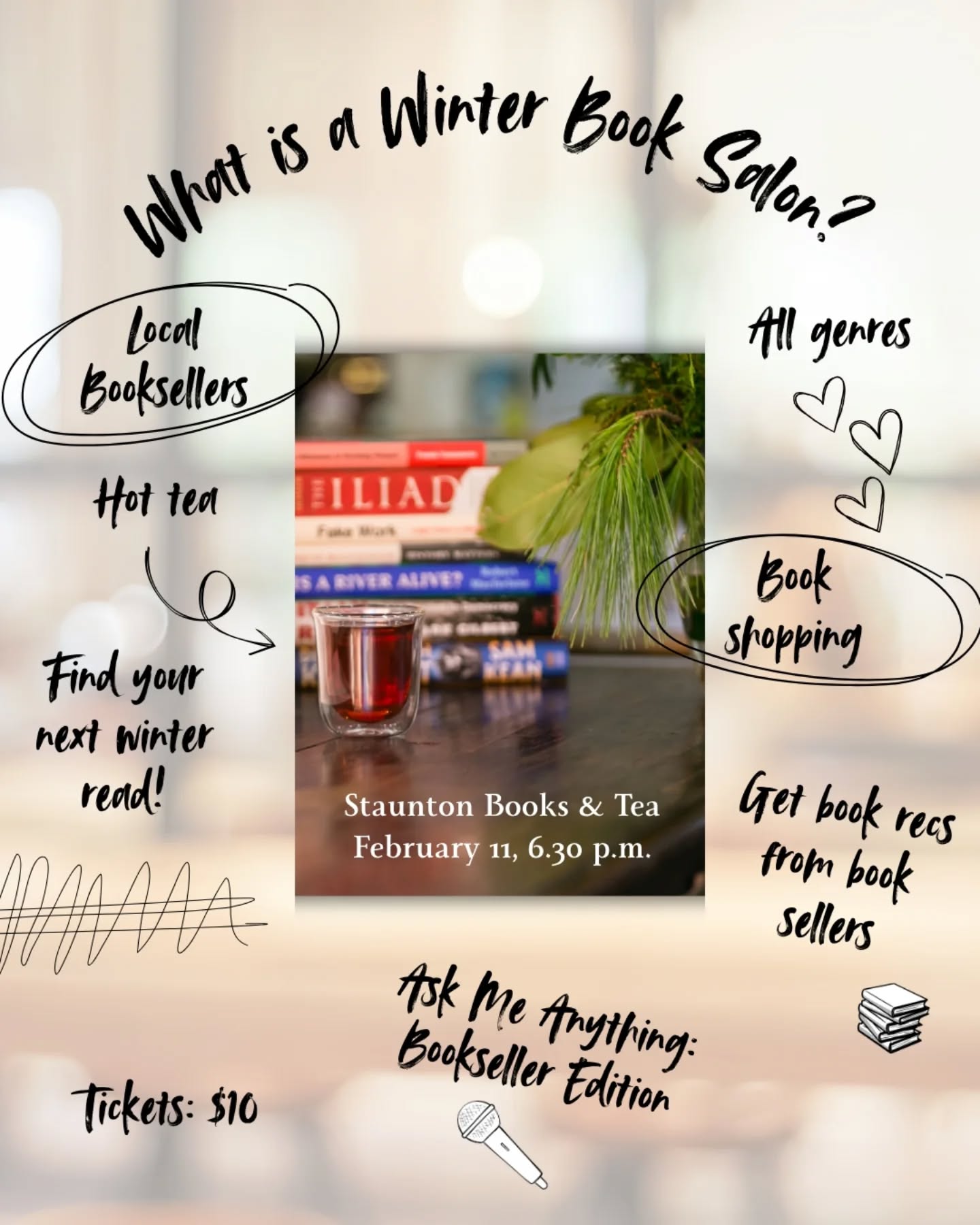 Only 4 tickets remain!
Friends, we only have 4(!) more tickets for our inaugural Book Salon tomorrow night!
If you're looking for some cozy winter reading, exclusive previews up upcoming books and a good ol' chat with your favorite booksellers, join us Wednesday night at 34 E Beverley St!
You bring the curiosity. We bring the hot tea, chocolate and all the cozy book recs!
Grab your ticket and bring a friend!
#supportsmallbusiness #supportindiebookstores #shopindiebookstores #shoplocal #smalltownpride