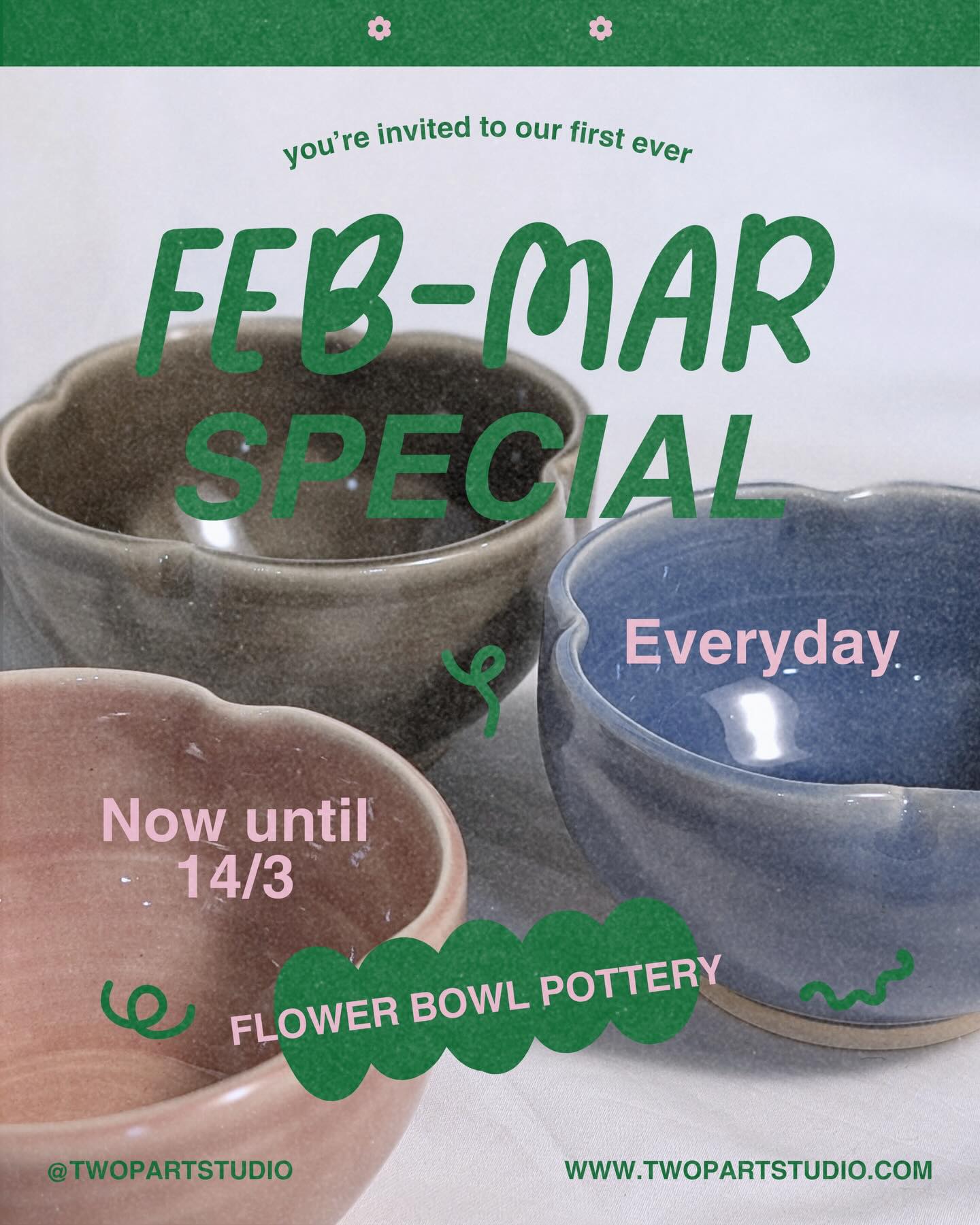 .
二月三月期間限定
花型碗拉坯工作坊
即日起至14/3
**
時段
2小時
2位或以上
**
提供工具
包括物料, 素燒, 釉燒
有數款釉色可選擇
工作室代為修坯,上色及燒好
約一個月後可取回製成品
**
16歲或以上
廣東話或英語授課
**
February -March Special
Flower bowl workshop
Now until 14/3
**
Duration
2 hours
2 people or above
**
Tools provided
Materials, Bisque Firing, Glaze Firing included
Options of Glaze will be provided
Trimming, Glazing and Firing will be complete by the Studio
Collection time takes up to 1 month
**
Age 16 or above
Medium of Instruction: Cantonese or English
.
——————————————
Inquiry and sign up
查詢及報名
www.twopartstudio.com
55050828