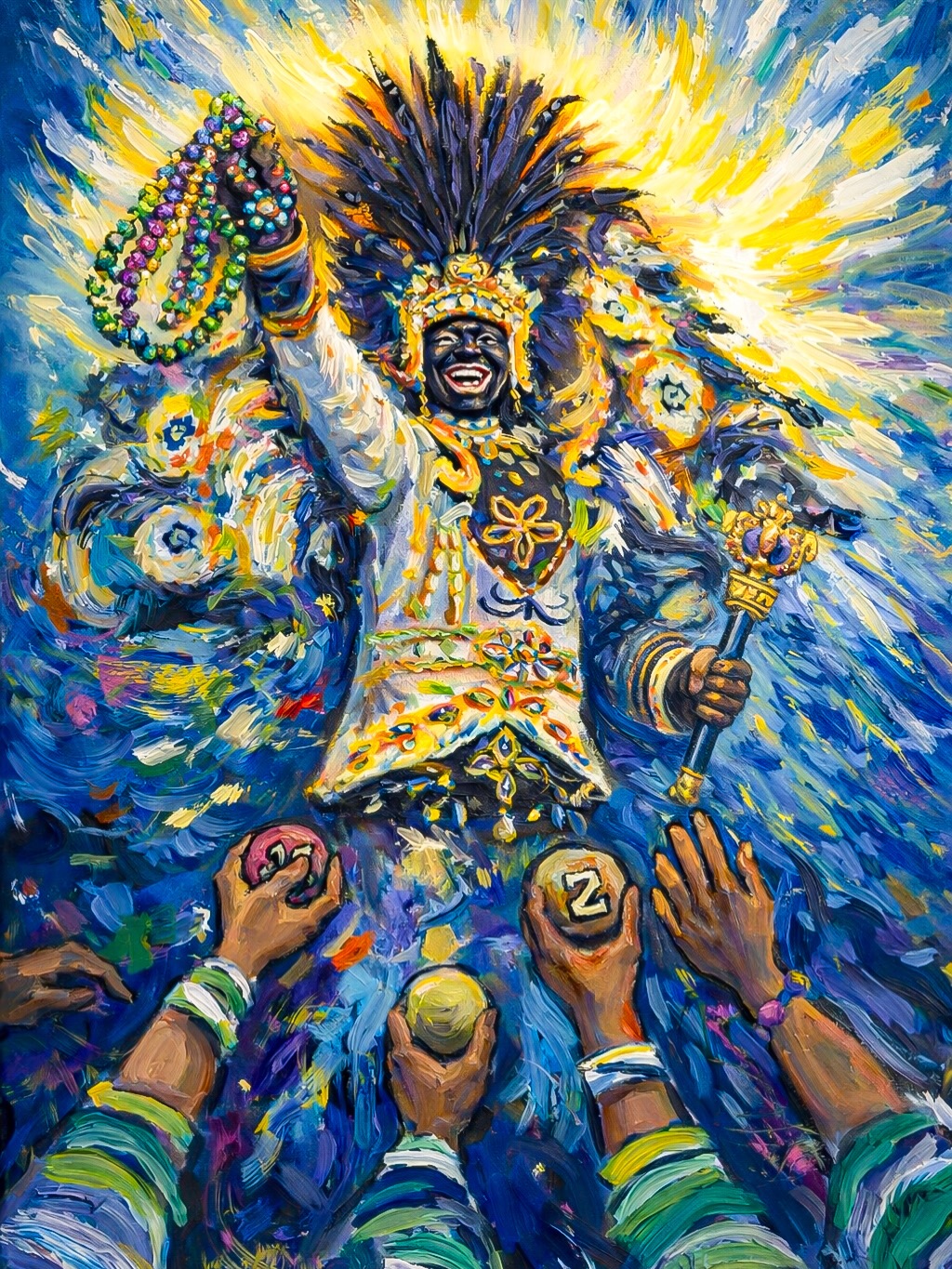 There are some paintings that are created with skill…
and then there are some that are created with memory.
This one is for my grandfather.
A lifelong member of the Zulu organization. A man whose heart beat in rhythm with Mardi Gras morning. As a little girl, I would fight sleep just to wait up for him to come home from “Zulu land” — the place he went almost every night. To me, it felt magical. Sacred. Important.
The last year he rode, he was Sheriff.
I got to help at his float party. I got to ride alongside him. I remember when we turned onto Jackson Avenue — the streets lined with faces full of anticipation, hands reaching up, hoping to catch something that would remind them of the joy they felt that day.
He worked on those coconuts day and night. I can still smell the airbrush gun. The faint sweetness of paint fumes mixing with excitement. The gold-painted shoes shimmering like glitter in the sun. The sound of beads clinking against wood tables. The pride in his eyes.
Those weren’t just throws.
They were memories being handed out.
This painting holds all of that. The light bursting behind him. The hands reaching up. The beads. The scepter. The joy. The work. The legacy.
It is more than Mardi Gras.
It is love.
It is family.
It is tradition.
It is him.
And every brushstroke carries a piece of my little-girl heart waiting up for her grandfather to come home from Zulu land. 💜💛💚