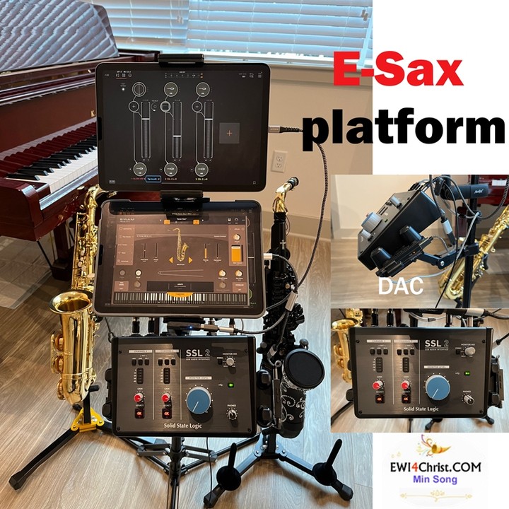 My swam sax platform - two iPAD air (1st iPAD running the Swam saxophone ios with midi functions, 2nd iPAD for audio/video recording). Solid State Logic 2 audio interface adds harmonics and distortion on original swam sax sound. The 4K button adds high-frequency EQ boost. SSL 2 is USB powered and very portable. Fosi Audio DS1 DAC is used here for HiFi audio out. This set up improves the SWAM Sax sounds quite much.
#ewi #windcontroller