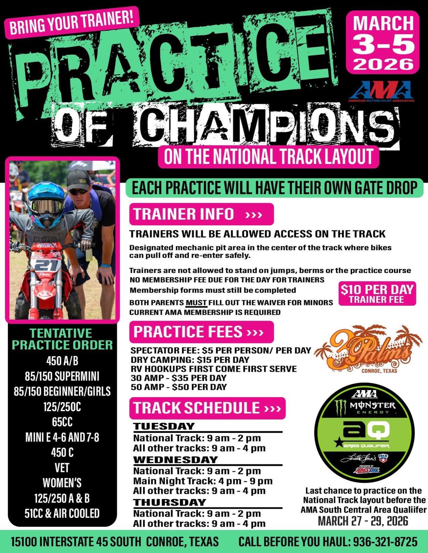 Get ready for the **Practice of Champions** from **March 3-5**! This is your chance to hit the National Track Layout and fine-tune your skills before the AMA South Central Area Qualifier! 🌟
Don’t miss out on this incredible opportunity to prepare for the competition!
Mark your calendars and spread the word! 🗓️✨
#PracticeOfChampions #TrainHard #AMAQualifier #seeyouthere #motocross