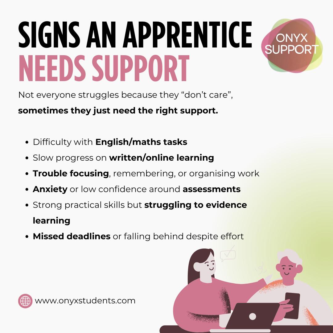Not every apprentice struggles because they “don’t care.”
Sometimes they just need the right support. 💛
If you’re spotting things like anxiety around assessments, missed deadlines, or difficulty with English/maths tasks, it may be time to explore support options early.
Early support = better confidence, progress, and outcomes.
📩 Message us if you’re not sure what steps to take.
#Apprenticeships #LearnerSupport #LSF #FunctionalSkills #Neurodiversity #InclusiveLearning #TrainingProvider #OnyxSupport #Apprentice #College #Business