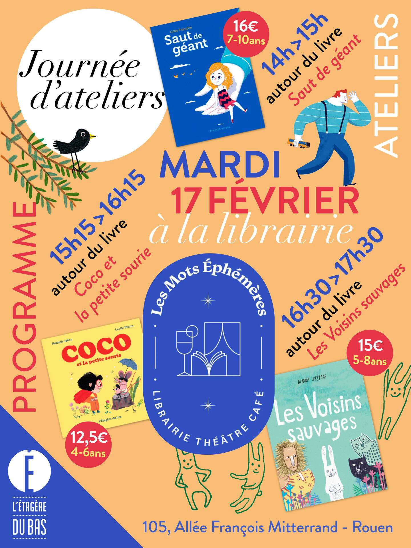 Les vacances de la zone B vont commencer la semaine prochaine alors plusieurs rendez-vous autour d’ateliers sont prévus ! La première journée aura lieu le mardi 17 février à la librairie @les_mots_ephemeres avec 3 ateliers pour les enfants de 4 à 10 ans. Merci de réserver auprès de la librairie. Le prix de l’atelier comprend l’activité créative d’une heure et le livre. À bientôt !
#letageredubas #atelierpourenfants #litteraturejeunesse #lesmotsephemeres #rouen