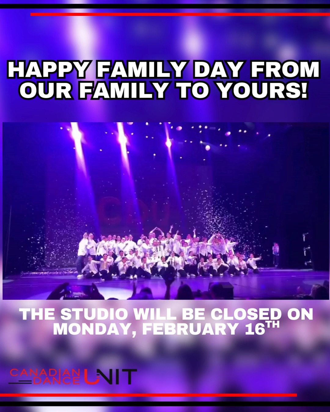 🤍 Happy Family Day 🤍 The studio will be closed on February 16 as we take time to enjoy a well-deserved day with family.
Wishing all our dancers and families a wonderful Family Day from our family to yours.