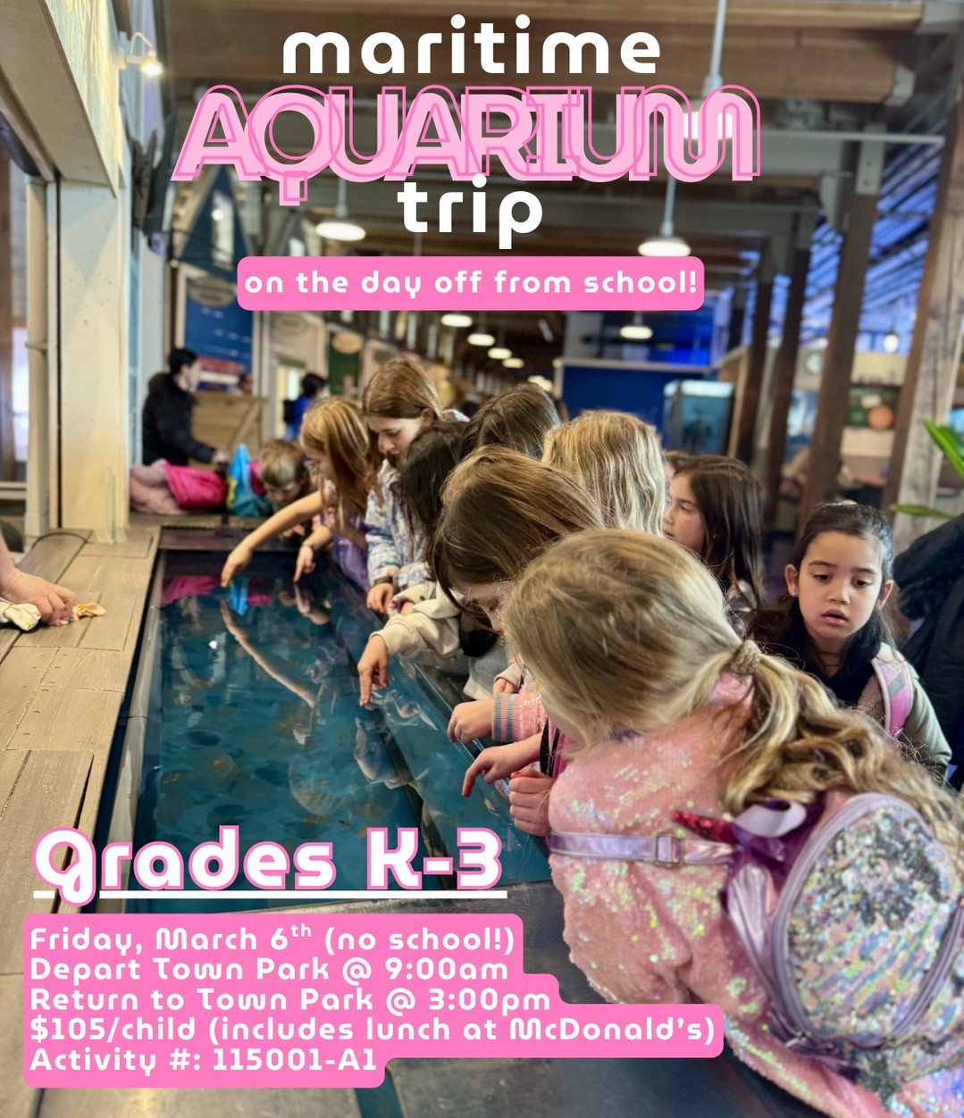Enjoy the day off from school amongst the sting rays, sharks, and fish of our oceans at the Maritime Aquarium in Norwalk, CT! We will spend the day enjoying the exhibits, seeing a 4D movie, and learning about sea life. Join us for an exciting learning opportunity and day of fun, including lunch at McDonaldโs!