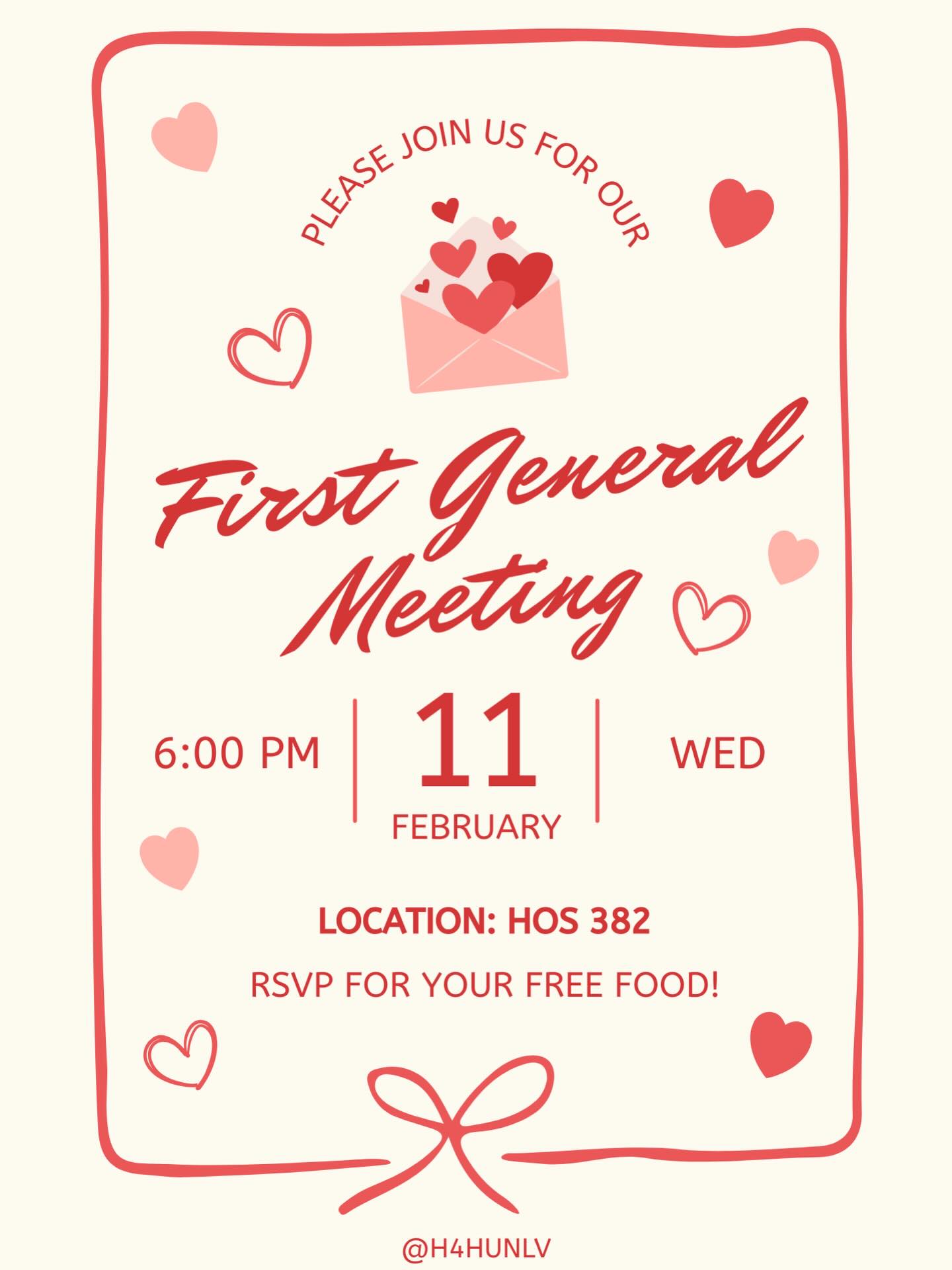 🩷Hey H4H!🩷
Join us for our First General Meeting of the semester on Wednesday, February 11th at 6pm at HOS 382! New and returning members are welcome! Come meet our members, learn more about our upcoming events, and get involved in what we do. We’ll also be offering free food of course~😝
RSVP through the link in our bio, we can’t wait to see you and share love💕