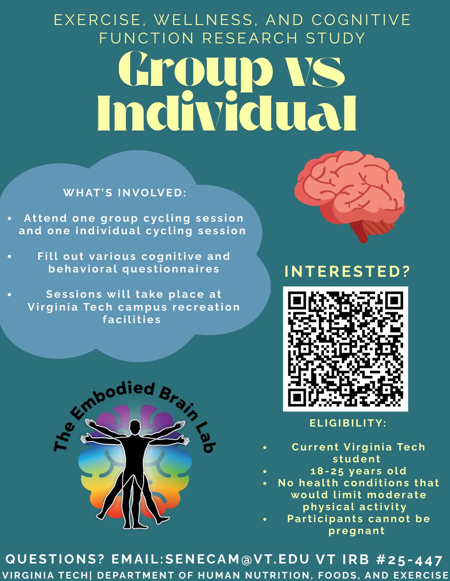 VT students! Want to see how your workout affects your brain? Join our study comparing group vs. individual cycling + cognitive testing 🧠🚴 Scan the QR code if interested!