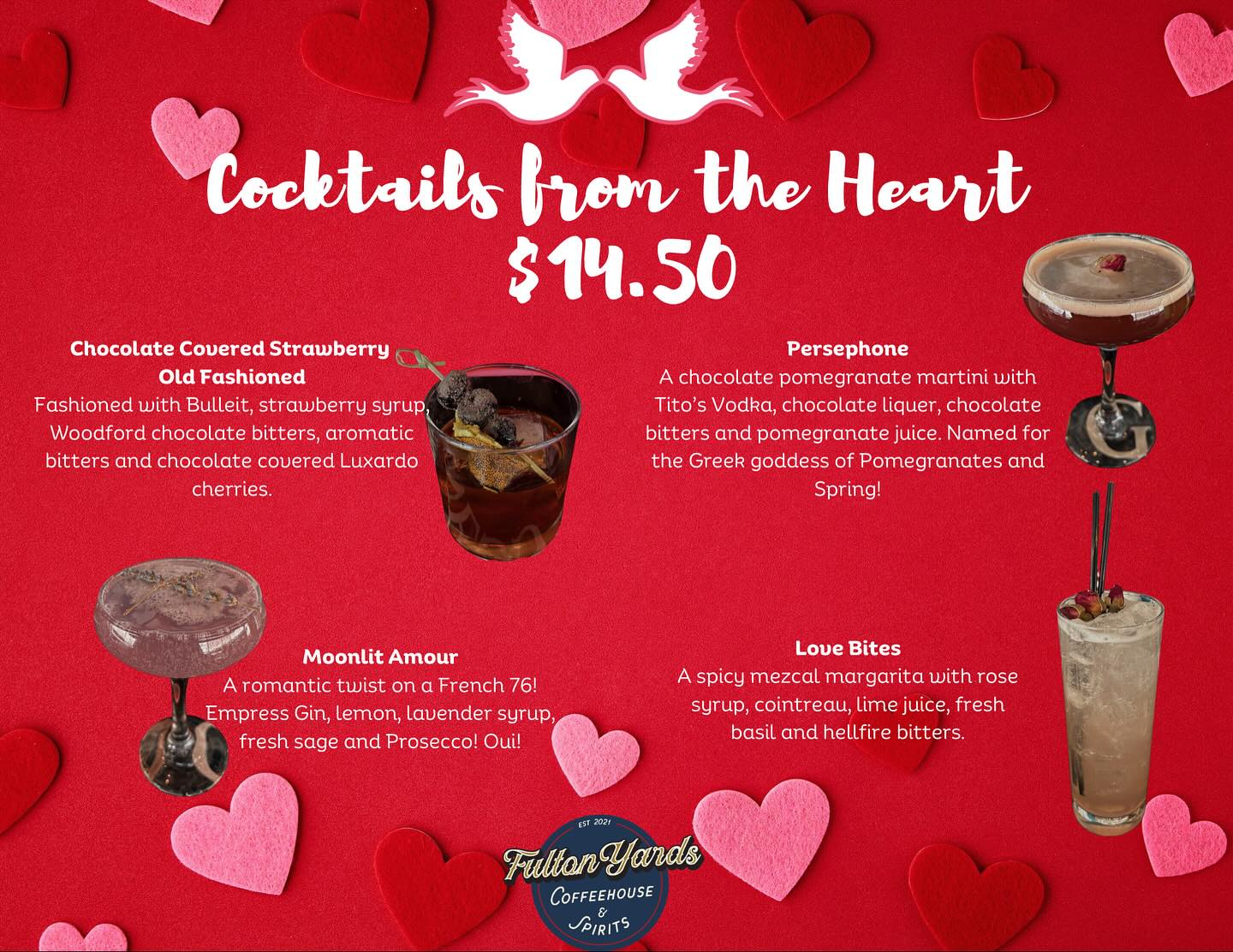 Check out our new cocktail menu for Valentine’s Day week 🩷
+ join us for rom-com trivia TOMORROW at 7! See you there! ❣️💐