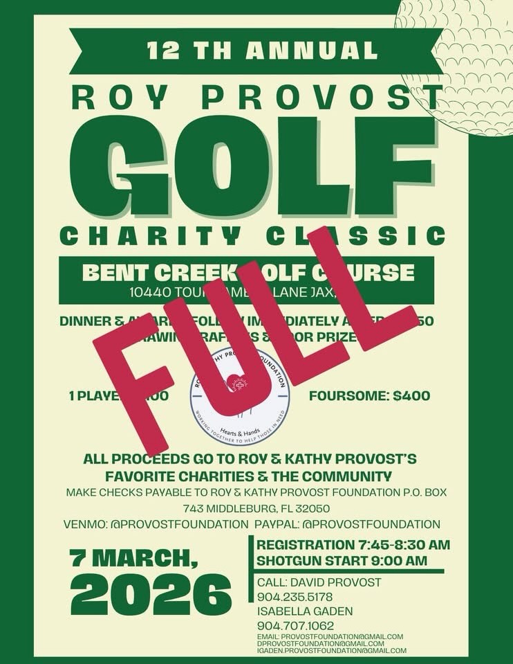 What a blessing it is!🥰 Our 2026 12th Annual Roy Provost Golf Classic is a packed course! However our hearts are always open for your gratitude through donations! Interested in being a sponsor? Our sponsor breakdown is listed below, however we are always grateful for any donation as it helps those in our community who are in need, more than you know! Please contact David Provost at 904.235.5178 or Isabella Gaden at 904.707.1062 for any sponsor inquiries! ⛳️❤️