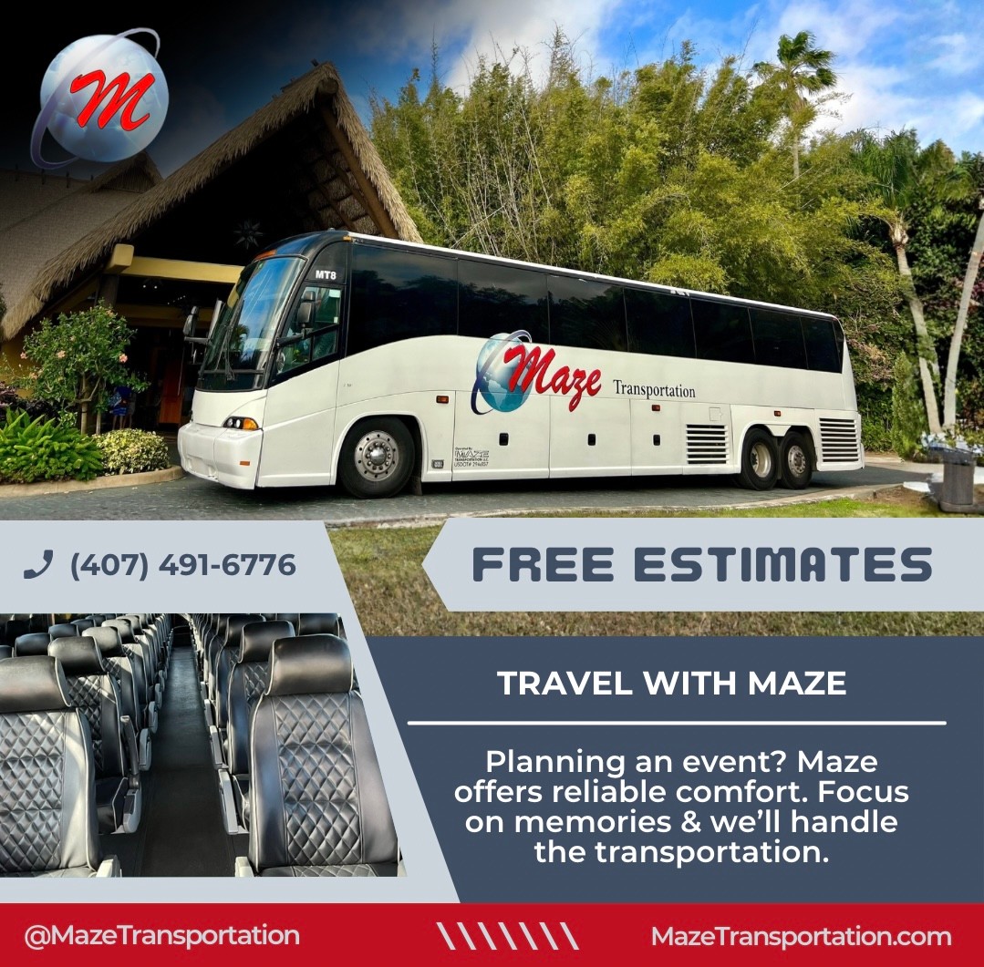 Take your group anywhere in Florida with Maze Transportation. From company outings to school trips, beach days, or special events, we provide safe, comfortable, and reliable transportation on every trip. Your journey, your schedule, your comfort – leave the driving to us.
#MazeTransportation #GroupTravel #CharterBus #OrlandoTravel #StressFreeRide #FloridaTrips #TravelTogether #SafeTravel
