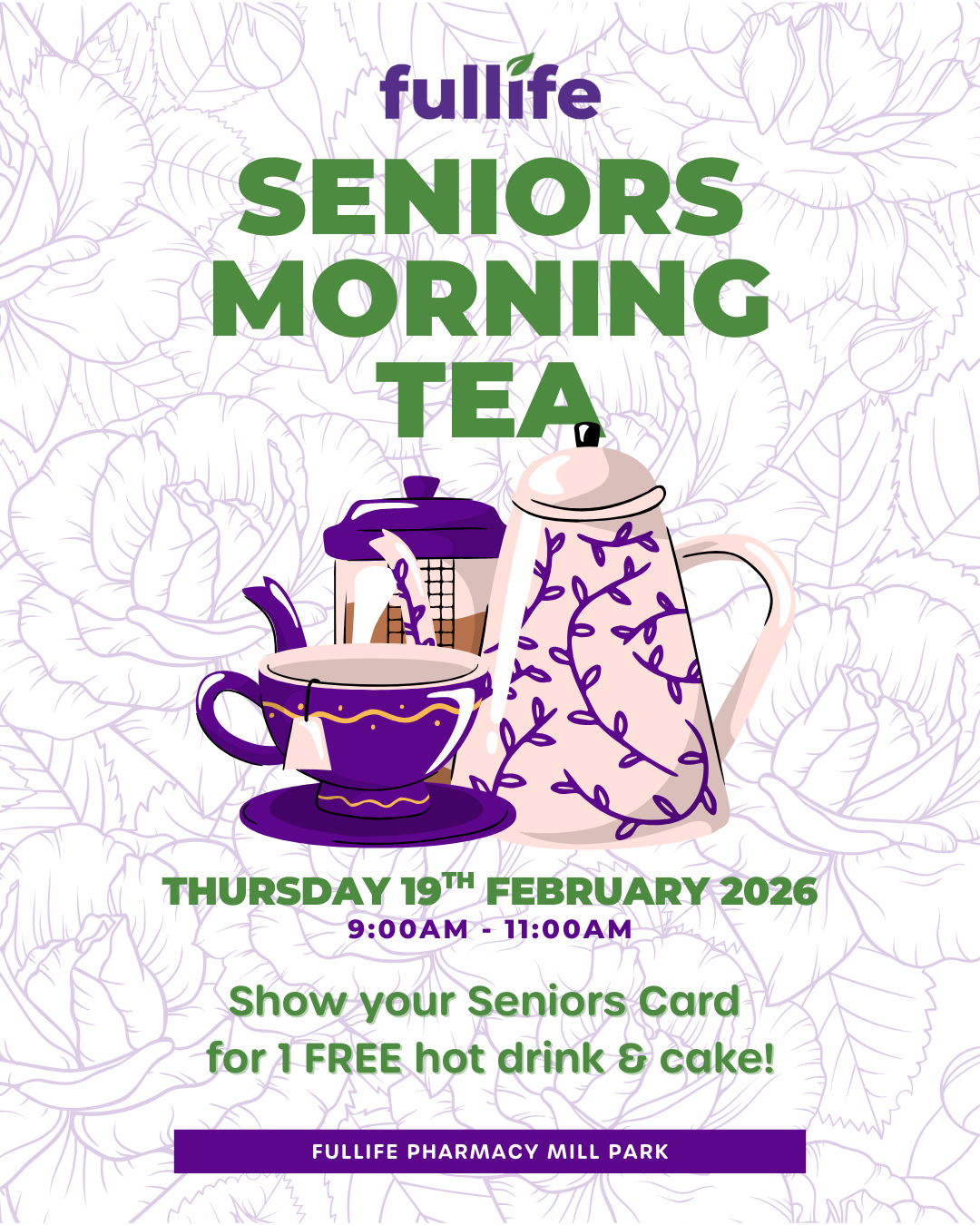 Seniors Morning Tea!
This Thursday 19th February, we're hosting Seniors Morning Tea - simply show your seniors card for 1 free hot drink and cake.
Make sure you spread the word to someone in your life that would love to join us 💜💚