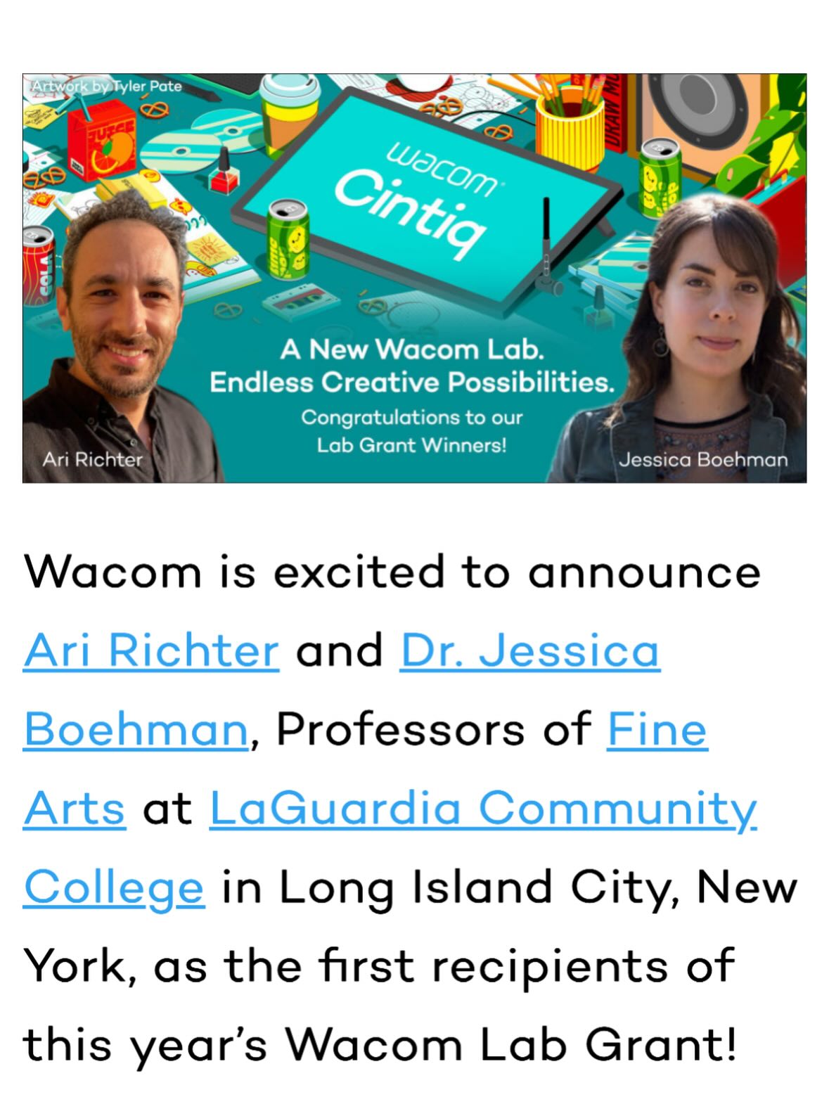 Wacom technologies has just announced that @laguardiacc is the inaugural recipient of their Wacom Lab Grant! This transformative award will provide fifteen Wacom Cintiq 16 pen displays—valued at $10.5k— to the under-resourced Fine Arts and New Media computer labs, serving over 530 students between three majors! Thanks to Humanities Department chair @jessicaboehman who helped me craft the winning application, along with @dahliaelsayed and @sarada.rauch who direct our Fine Arts, Design Studies, & New Media Technology programs. And thanks to @wacom for believing in our mission! Lots of great art to come…