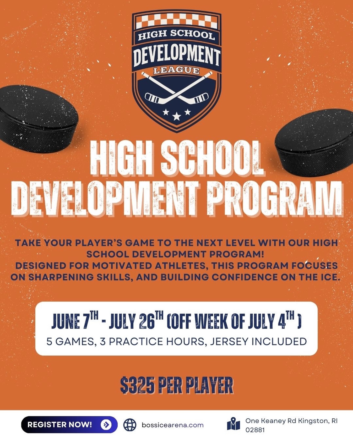 TAKE YOUR PLAYER’S GAME TO THE NEXT LEVEL WITH OUR HIGH SCHOOL DEVELOPMENT PROGRAM!
DESIGNED FOR MOTIVATED ATHLETES, THIS PROGRAM FOCUSES ON SHARPENING SKILLS AND BUILDING CONFIDENCE ON THE ICE. Register today at Bossicearena.com
PROGRAM RUNS:
June 7th - July 26th (Off week of July 4th)
