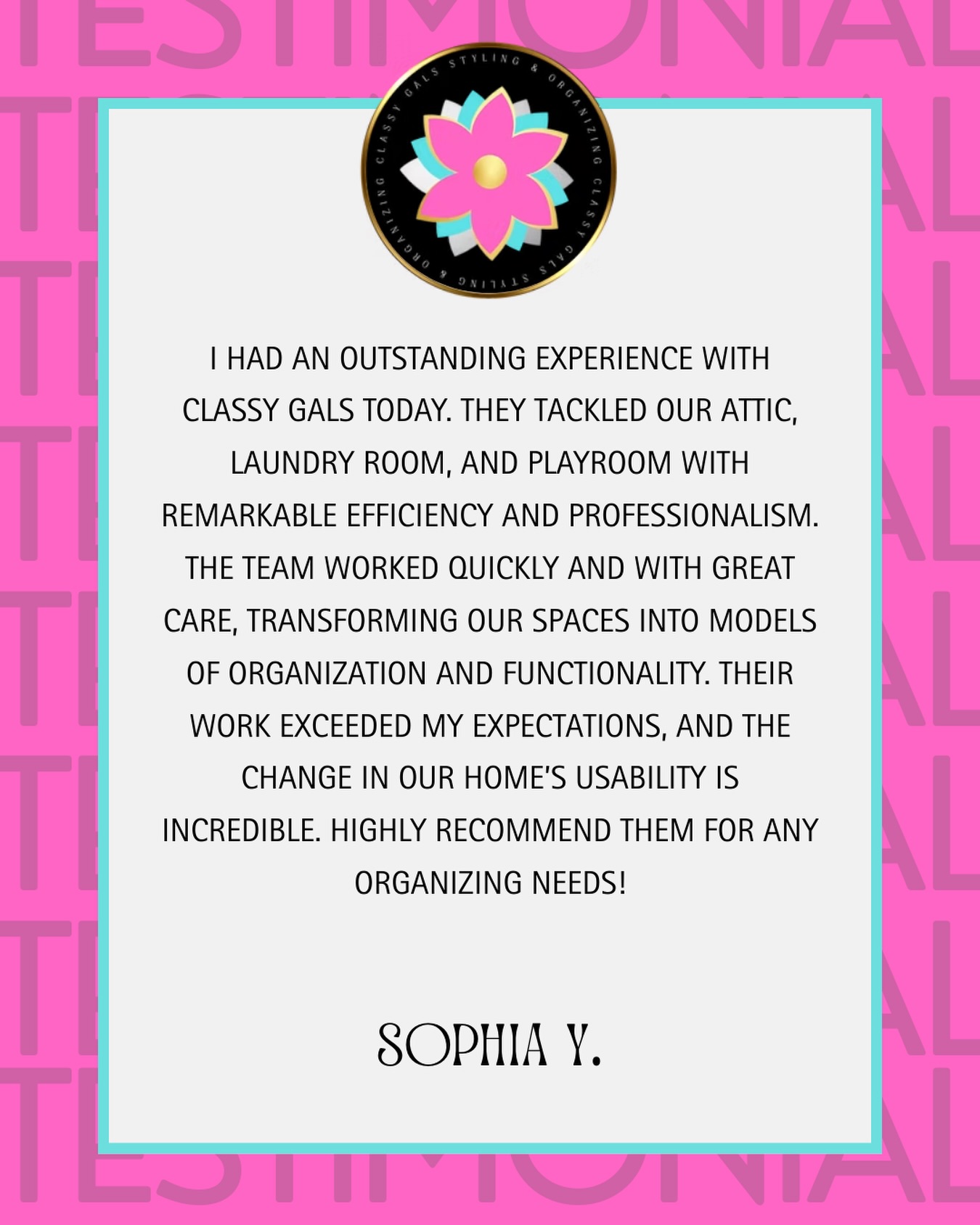 ✨ Client Love ✨
We’re so grateful for this amazing review from Sophia Y. 💖
From the attic to the laundry room to the playroom, our team was honored to help transform her home into a more organized and functional space.
Thank you, Sophia, for trusting Classy Gals with your home! 🧺📦✨