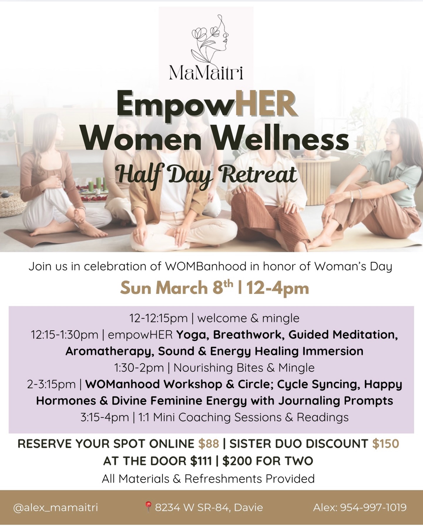 This Womenās Day⦠donāt just celebrate. Regenerate š
In honor of International Womenās Day, you are invited into a sacred half-day immersion designed to
ā„ļø restore your nervous system
ā„ļøreconnect you to your feminine rhythm &
ā„ļø awaken your embodied power
⨠EmpowHER Womanās Wellness Half Day Retreat
š March 8th
š 12ā4 PM
An intentional 4-hour experience including:
šæ 12ā12:15 | Welcome & Mingle
š§š½āāļø 12:15ā1:30 | EmpowHER Yoga, Breathwork, Guided Meditation, Aromatherapy, Sound & Energy Healing Immersion
š„ 1:30ā2 | Nourishing Bites & Connection
š 2ā3:15 | WOManhood Workshop & Sacred Circle:
⢠Cycle Syncing
⢠Happy Hormones
⢠Divine Feminine Energy
⢠Guided Journaling
š® 3:15ā4 | 1:1 Mini Coaching Sessions & Intuitive Readings
This is for the woman who gives to everyone else & is finally ready to receive and celebrate š
Limited spots available.
Reserve your space now šš»
www.mamaitri.com/event
#EmpowHER #WomensDayRetreat #DivineFeminine #WomensWellness #SacredCircle HormoneHealth ConsciousWomen