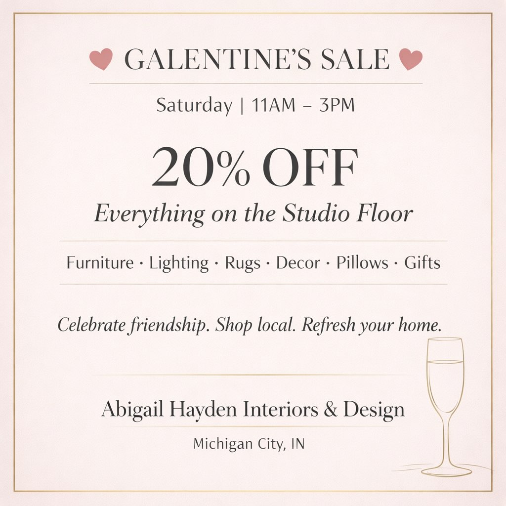 💕 GALENTINE’S SALE 💕
Saturday | 11AM – 3PM
✨ 20% OFF
Everything on the Studio Floor
Furniture • Lighting • Rugs • Decor • Pillows • Gifts
Celebrate friendship. Shop local. Refresh your home.
#shoplocal #galentinesvibes #michigancity #interiorandhome #loveyourhome