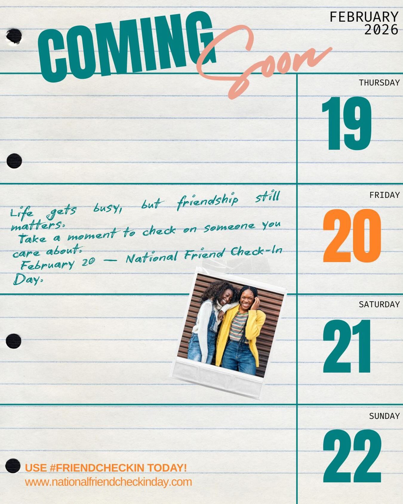 Life gets busy, but friendship still matters. 🗓️ We’re counting down to February 20th—National Friend Check-In Day. It’s time to move “reach out to them” from your to-do list to your “done” list.
Save this post as a reminder to check on your person this Friday! 🧡
#ComingSoon #FriendCheckIn #SaveTheDate #FriendshipFirst