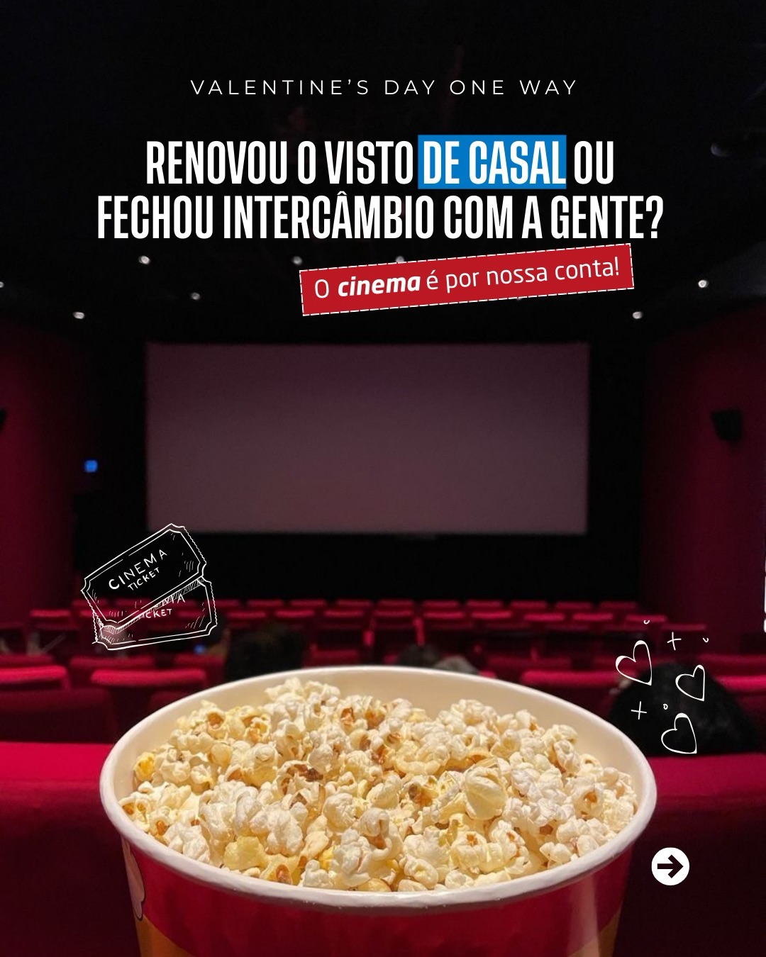 Neste Valentine’s Day, quem renovar o visto de casal ou fechar o intercâmbio (em casal) com a One Way ganha 2 ingressos de cinema pra curtir juntinhos. Porque planejar o futuro a dois também pode vir com um presente especial ✨
Promoção válida até o final de fevereiro.
Chama a gente no inbox ou fala direto com o seu consultor One Way 🎬💑
#onewayintercambio #valentinesday #vistodecasal #intercambioaustralia #onewayfamily
