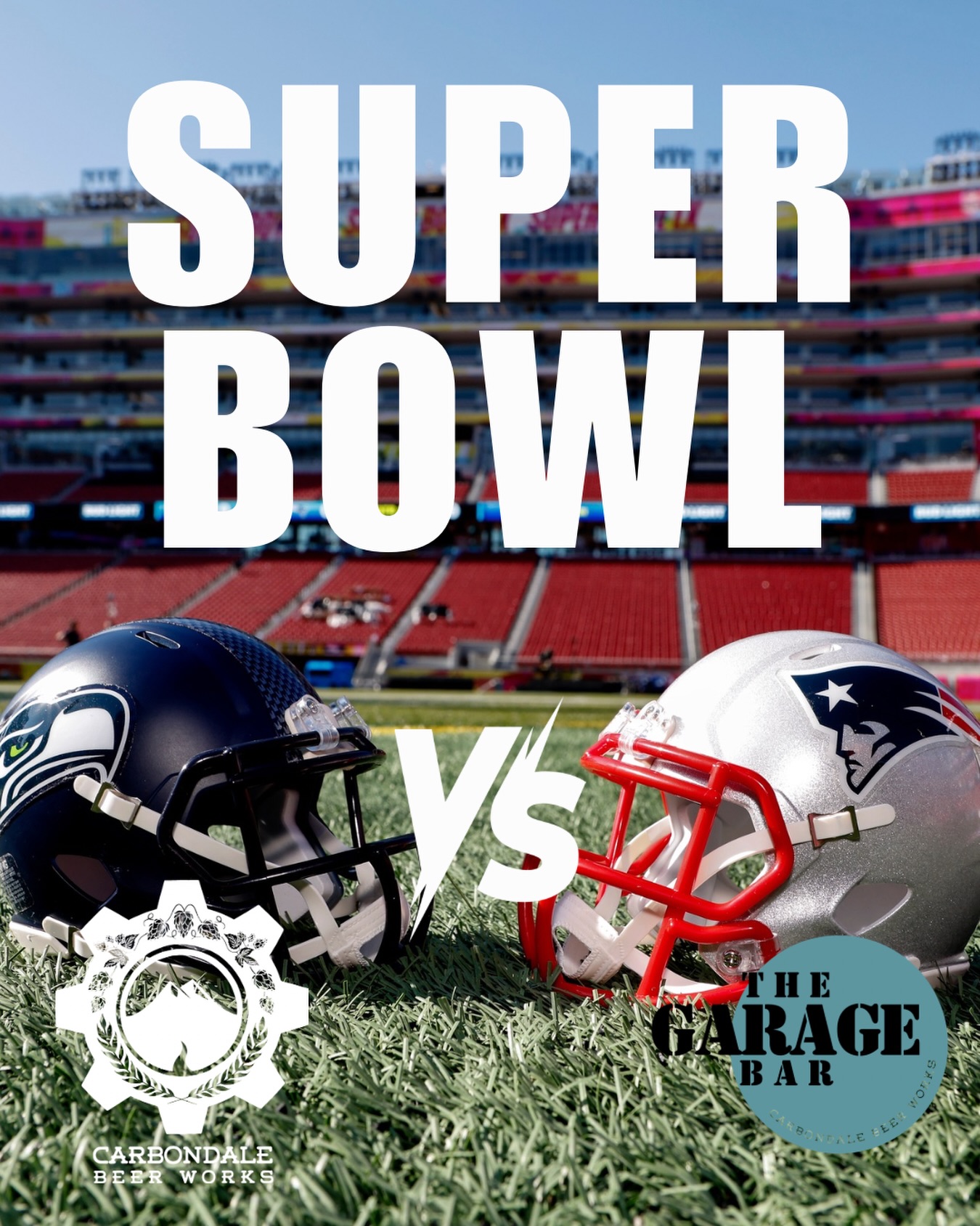 It’s Super Bowl Sunday! Come on down to @carbondalebeerworks or @garagebarcbw to see if Sam Darnold and the Seahawks can complete their epic rise , or Drake Maye and the Patriots return New England to their former glory!
#superbowllix #seattleseahawks #newenglandpatriots #nfl
