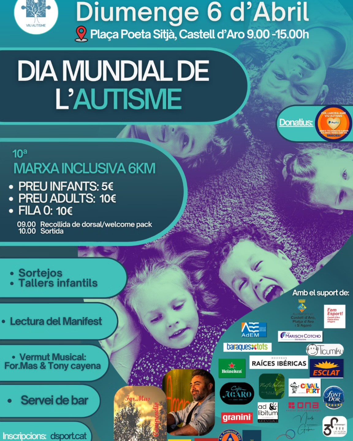 TeActius! El 6 d'abril tornem amb "marxa inclusiva per l'autisme"
No us ho perdeu!
Podrem gaudir d'aquesta marxa solidària que es durà a terme a Castell d'Aro. S'iniciarà a la Plaça Poeta Sitjà i en acabar la marxa, hi haurà tallers infantils, vermut musical i servei de bar al Centre Cívic de Castell d'Aro, us hi esperem a tots!
Inscripcions a dsport.cat! 🧑🦽🧑🦯🏃🧑🦼
@femesportscpa @empresaris_platjadaro @barraquesxtots @marisch_cotcho @heineken_es @granini_es @esclatbonpreu_ @cacaolat @massegur @magnacenter @dipsalut @centreona @nicole.gulau @femajuntament @tonicayena @laflecapansdelemporda @cavallfortedicions @agarocafes @raicesibericaswines naturdenclinicadental @ticumiku @esclatbonpreu_ @adlibitum.cat @protecciocivilplatjaaro
@grupmifas @mery.blru @fempobleambtu @associacio_ermessenda_sca @percusdaro