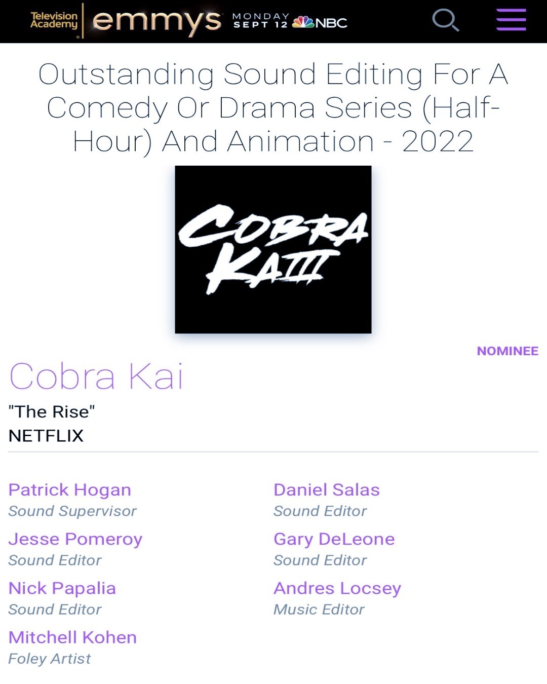 @westwind_media would like to congratulate our very own Mitchell Kohen @audioenthusiast and Gary Deleone @deleonejr.gary for being nominated for an EMMY!
Mitchell and Gary were part of the sound team for the show @cobrakaiseries episode "The Rise" on @netflix.
Congrats guys! Great work!
#bringingpicturetolifewithsound #westwindmedia #netflix #cobrakai #cobrakaiseries #cobrakainetflix #dolby #dolbyatmos #atmos #avid #avidprotools #protools #avids6 #adr #automateddialoguereplacement #audiopost #audiopostproduction #foleystage #foleymixer #foley #foleyartist #foleyrecording #sounddesign #audiomixing #soundfortv #netflix #entertainmentindustry #tvseries #soundeditor #soundediting