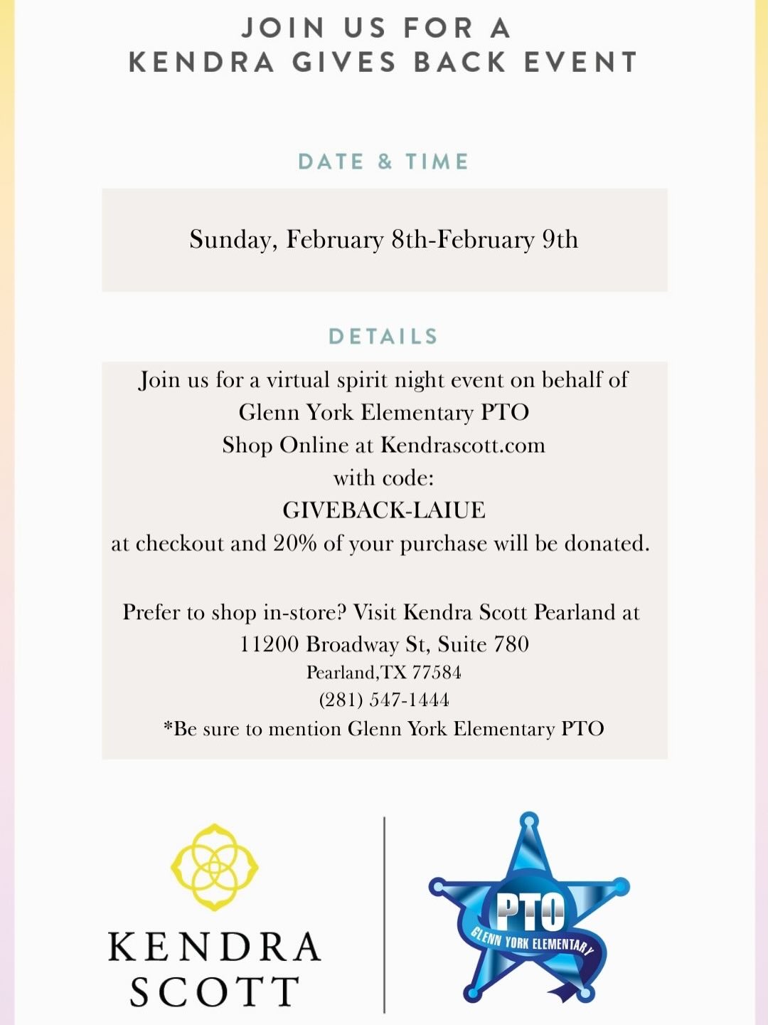 Join us today and tomorrow at Kendra Scott and give back to GYE PTO! Shop in store or online for yourself or your Valentine! This week is also spirit week @tuscanvillanailsandspa ! Get pampered for yourself (and support the kids ๐). Make sure to say you are with GYE!