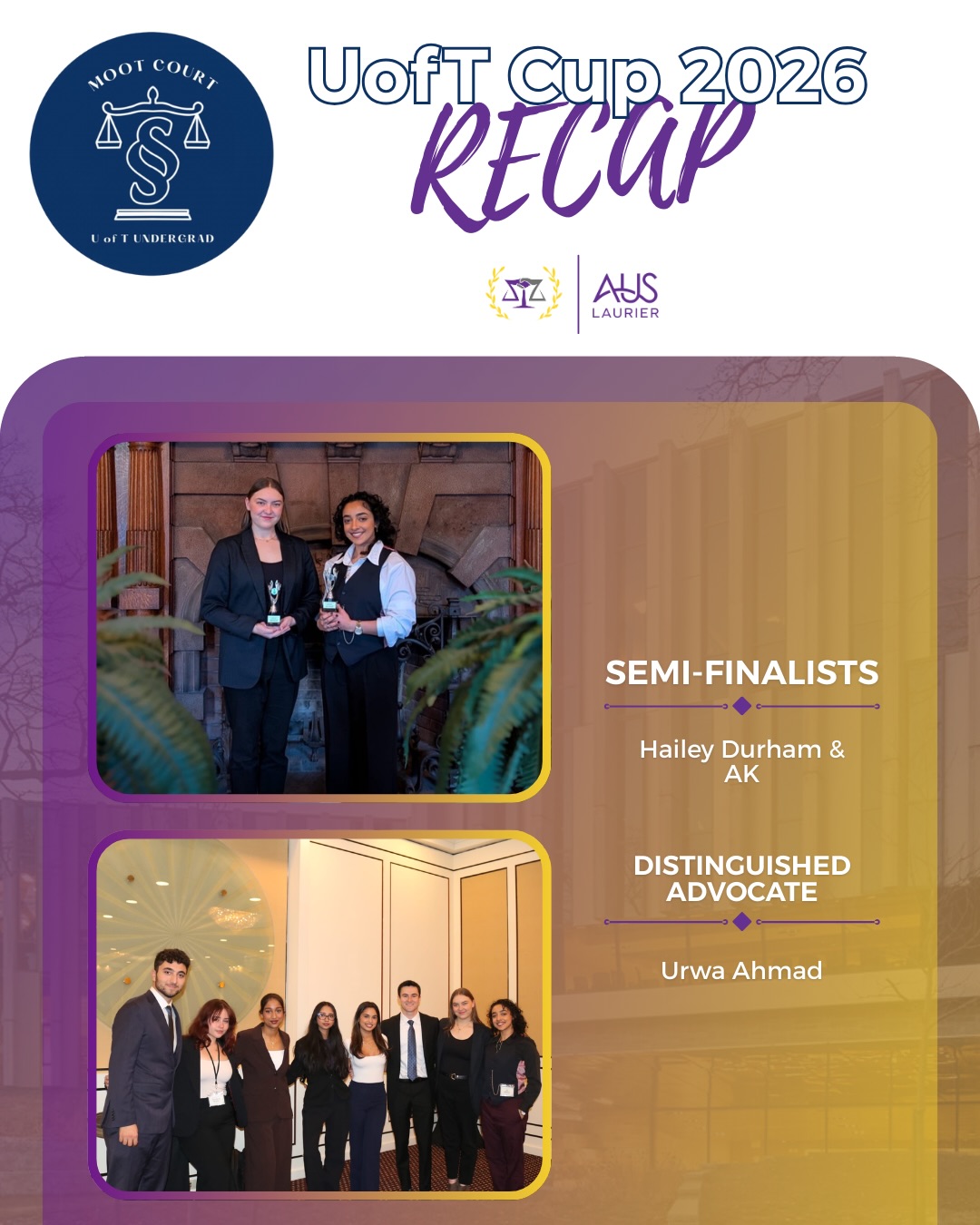 We are so proud of our team who we sent out to @uoftmoot βs 10th annual moot competition! This weekend showcased the incredible skills of our mooters! ππ
Incredible job by Hailey and AK to secure a semi-finalists placement, and Urwa for securing distinguished advocate!
Thank you to @uoftmoot for holding an incredible competition!