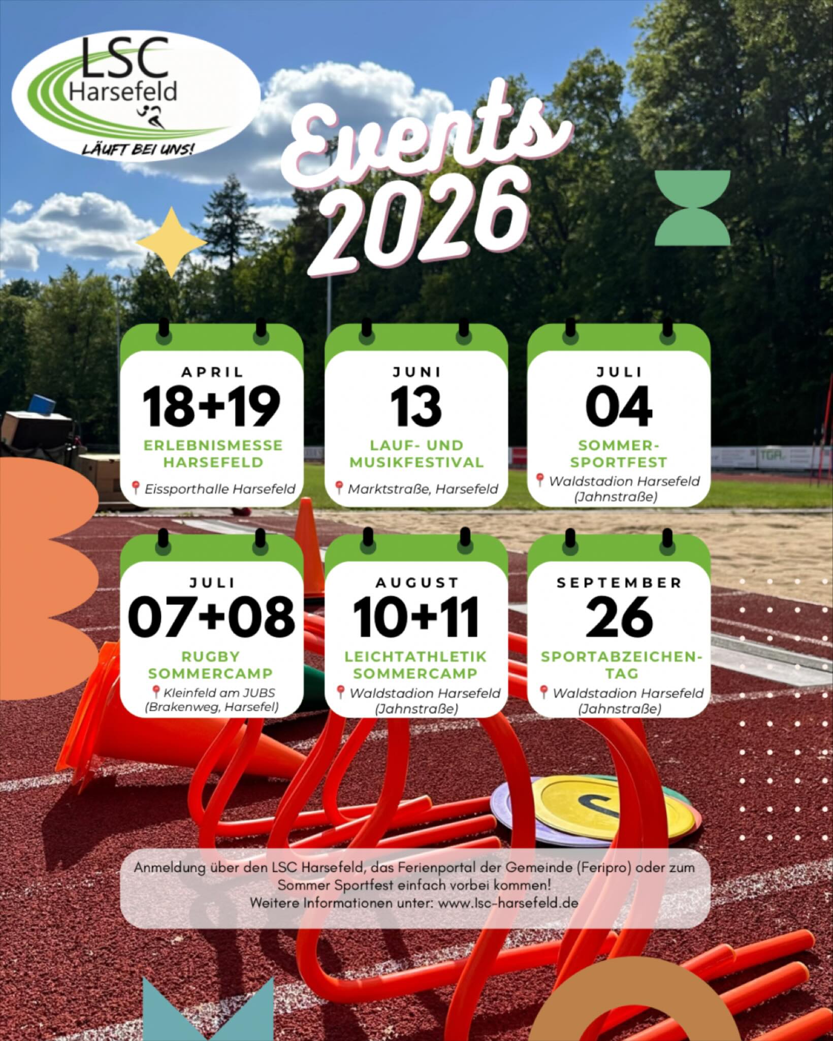 2026 wird sportlich und wir haben richtig was vor! 💚
Ob Action auf der Bahn, Sommerfeeling beim Sportfest oder zwei Tage voller Teamgeist im Camp. 💪🏻
Wir freuen uns auf viele gemeinsame Momente, neue Gesichter und ganz viel Bewegung.🥵
Also: Termin vormerken, Freunde einpacken und mit uns durchstarten – wir sehen uns auf dem Platz! 🏃♂️🌞
#LSCHarsefeld #Events2026 #GemeinsamAktiv #Harsefeld #SportMachtSpaß