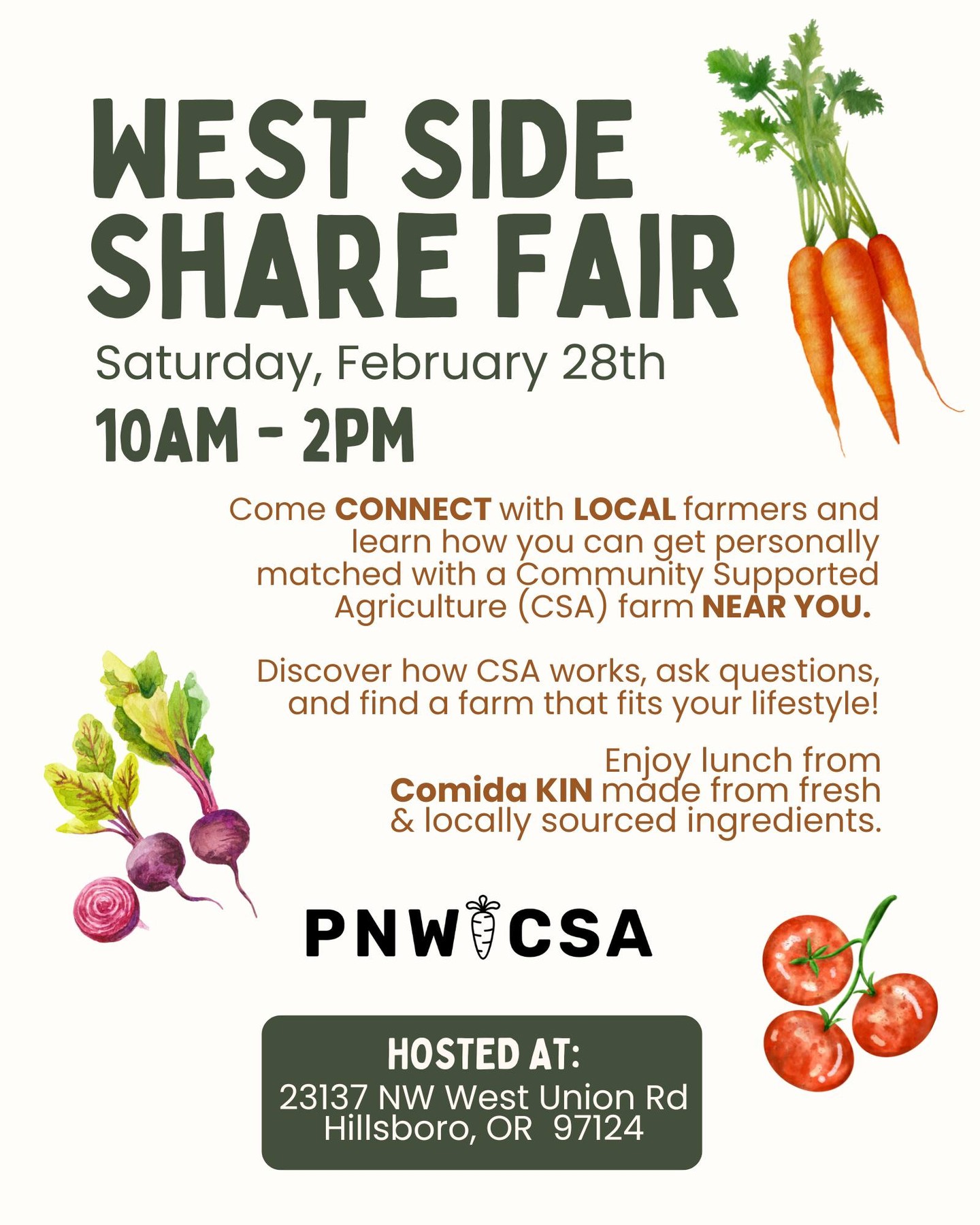 Hey Washington County folks 👋
If you’re thinking about joining a CSA this season, the West Side Share Fair is a chance to meet local farms that serve Washington County and offer CSA pickups that are easy and close to home.
Hosted @helvetiamarket, this event brings together west side farms so you can talk directly with farmers, learn how CSA works, ask real questions, and get help finding a farm that fits your schedule, budget, and preferences.
📅 Saturday, February 28
⏰ 10am–2pm
📍 Helvetia Farm Market
23137 NW West Union Rd
Whether you’re brand new to CSA or looking to switch farms this year, this is a low-pressure way to explore your options and support west side farms.
RSVP with the link in our linktree.
#WestSideShareFair #PNWCSA #HelvetiaFarmMarket #WashingtonCountyOR #CommunitySupportedAgriculture #SupportLocalFarms #EatLocal