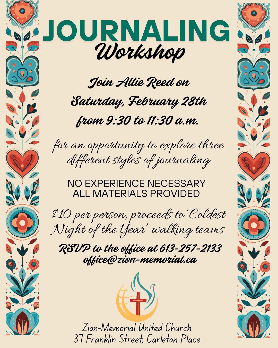 Join with friends and family for a Journaling Workshop on Saturday, February 28th at the church.
Explore 3 different styles of journaling.
Cost is $10, all materials provided.