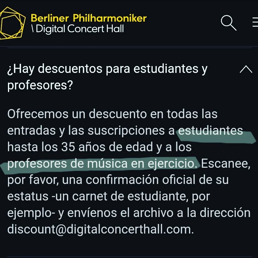 ⭕La Filarmónica de Berlín ofrece descuentos para profes de música y estudiantes en los abonos de su Digital Concert Hall. ¿Lo sabías?
En la foto tienes las instrucciones.
#berlinerphilarmonic #digitalconcerthall #filarmónicadeberlín #abonoconciertos #classicalmusic #musicaclásica #profesdemúsica #descuentosparaestudiantes