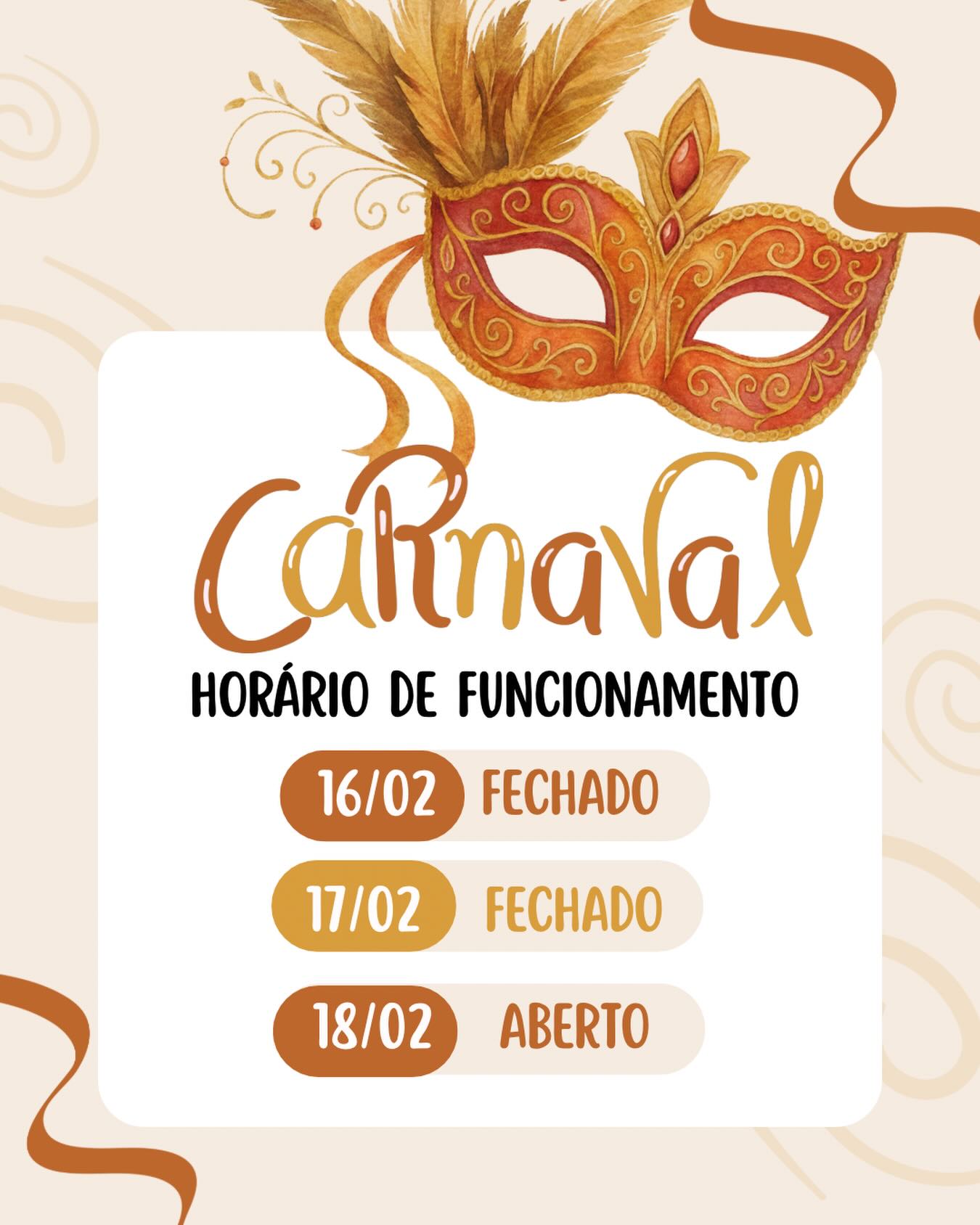 Retornamos ao atendimento na Quarta-Feira.
Bom Carnaval a todos!