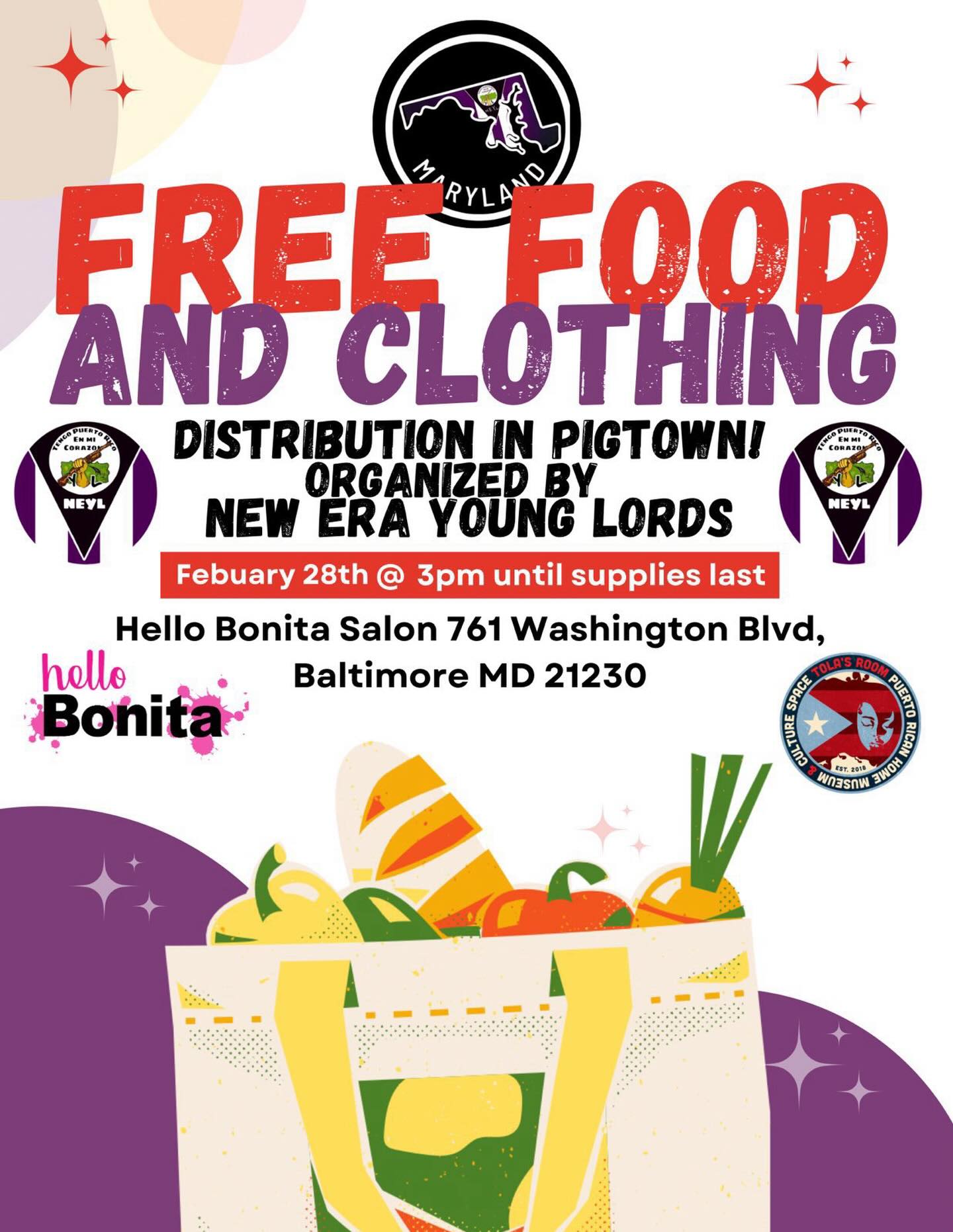 @neyl.maryland is partnering with @hellobonitabaltimore and @tolas_room to distribute bags of groceries, hot food platters, and clothing on February 28 at 3PM @hellobonitabaltimore, 761 Washington Blvd, 21230 🇵🇷✊🏽
If you would like to donate to the cause check out @neyl.maryland page for a list of items we are collecting. Donations need to be collected in advance for us to prep bags beforehand.
If you would like to donate a cooked dish for hot platters, to drop the day of event, please also let us know in advance.
Thank you for all your support and share this post with your networks. 💜
Flier by @titimuniz85
#palante
#communityispower
#communityislove