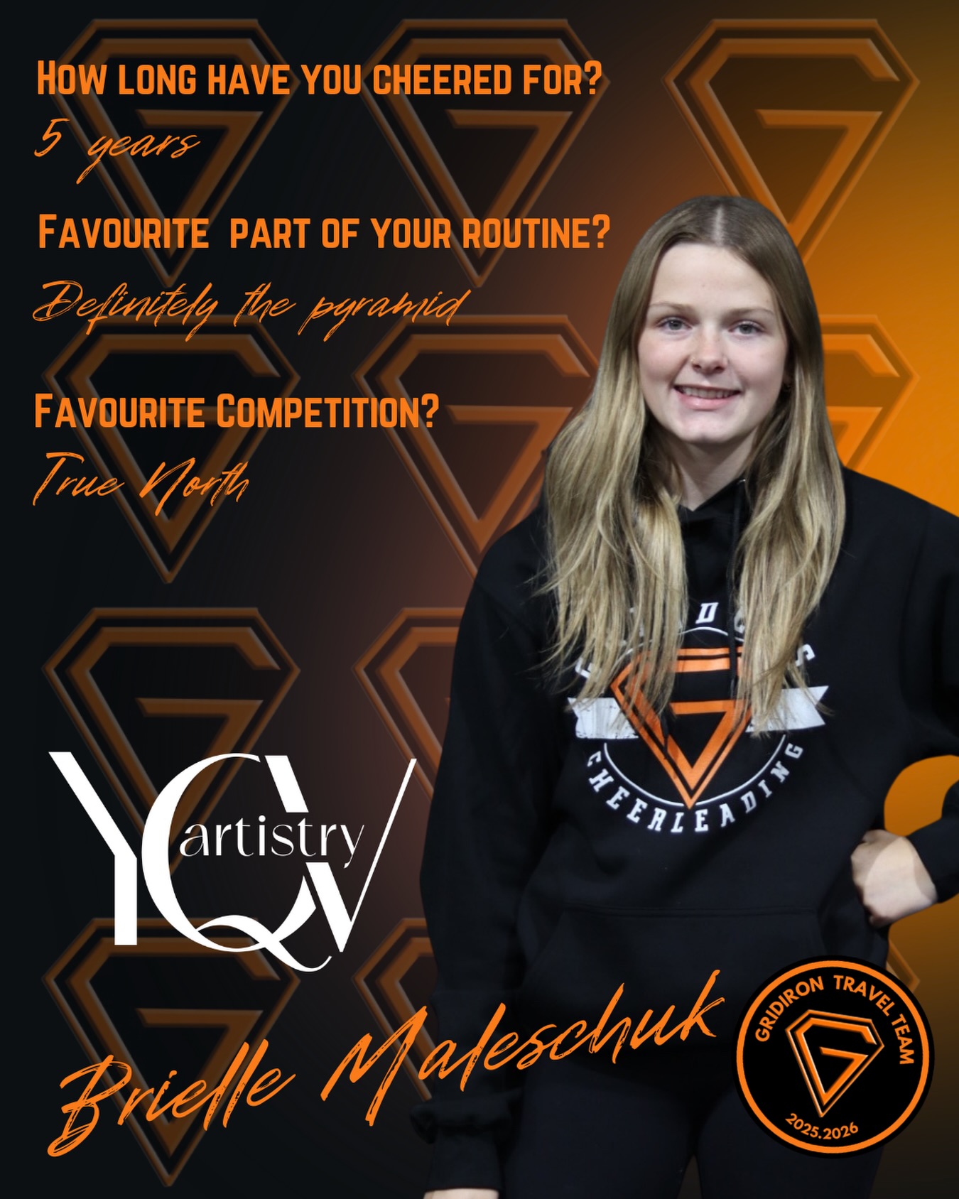 Our Gridiron travel team will be heading to Seattle this February, and we’re excited to showcase our amazing athletes! 📣
Today, we’re spotlighting Brielle Maleschuk, proudly sponsored by YQV Artistry!
Thank you to YQV Artistry for supporting Brielle and our journey — from all of our Gridiron Travel Team athletes and Gridders Cheerleading!🧡🖤