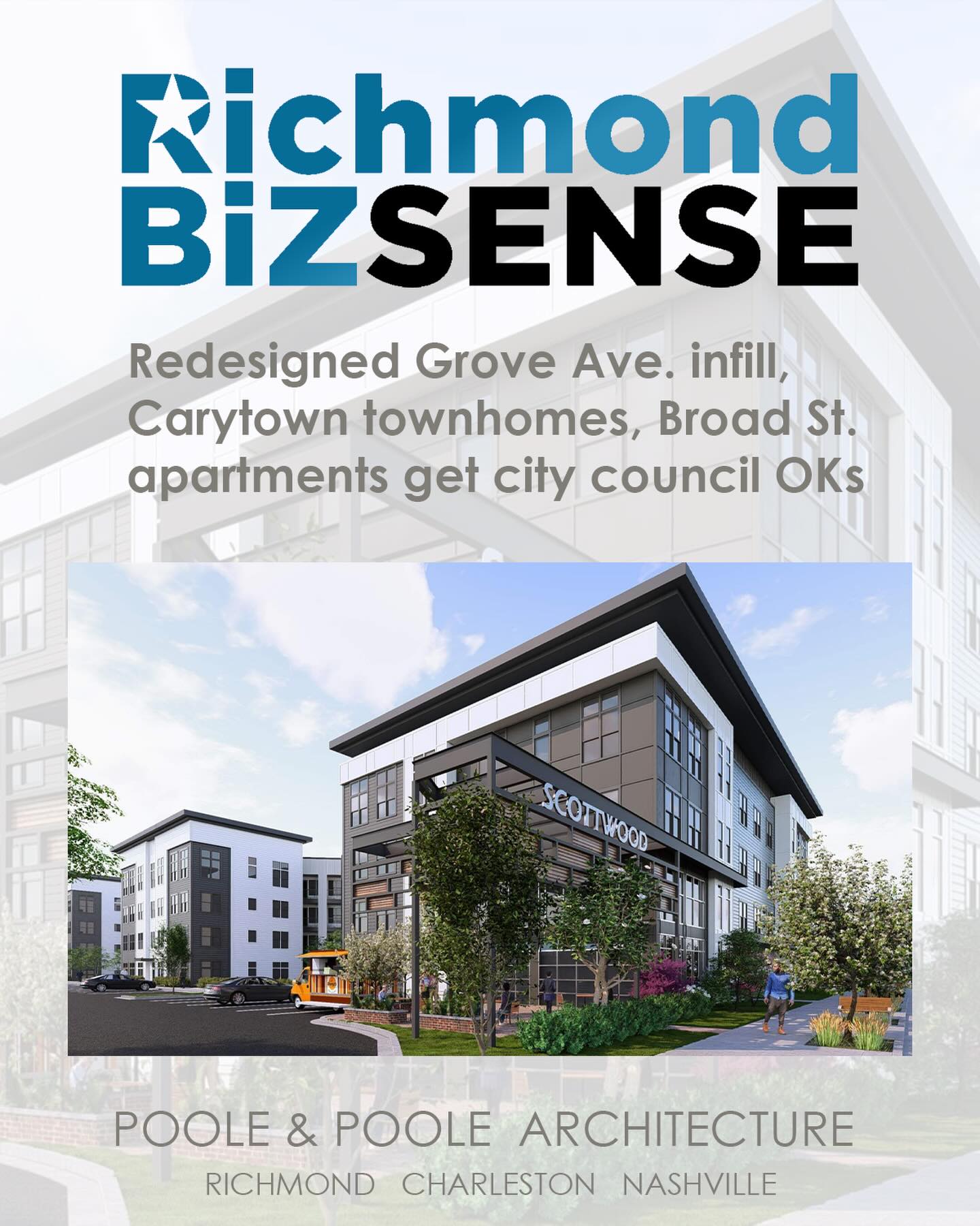 Proud to see Scottwood moving forward! This 296-unit, two-building development on W. Broad Street was just approved by city council, and we’re honored to be the architect behind the project. Take a minute to read more about what’s coming to the edge of the West End. https://richmondbizsense.com/2026/02/10/redesigned-grove-ave-infill-carytown-townhomes-broad-st-apartments-get-city-council-oks/