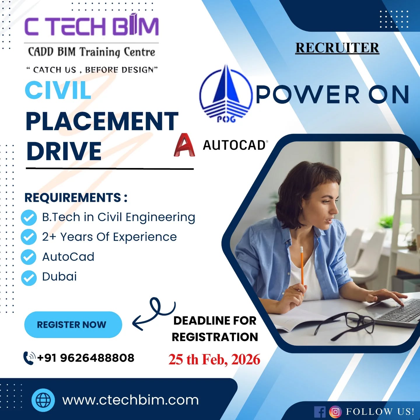 🚧 Civil Placement Drive – Power On!
Great opportunity for Civil Engineering professionals to start or grow your career in Dubai with AutoCAD skills.
Requirements:
✔ B.Tech in Civil Engineering
✔ Minimum 2+ Years Experience
✔ AutoCAD Knowledge
📅 Last Date to Register: 25th Feb 2026
📞 Contact: +91 96264 88808
🌐 www.ctechbim.com
Don’t miss this chance to power up your career with C TECH BIM.
Register now!
#CivilEngineering #PlacementDrive #DubaiJobs #AutoCAD #CTechBIM EngineeringJobs CivilCareer BIMTraining