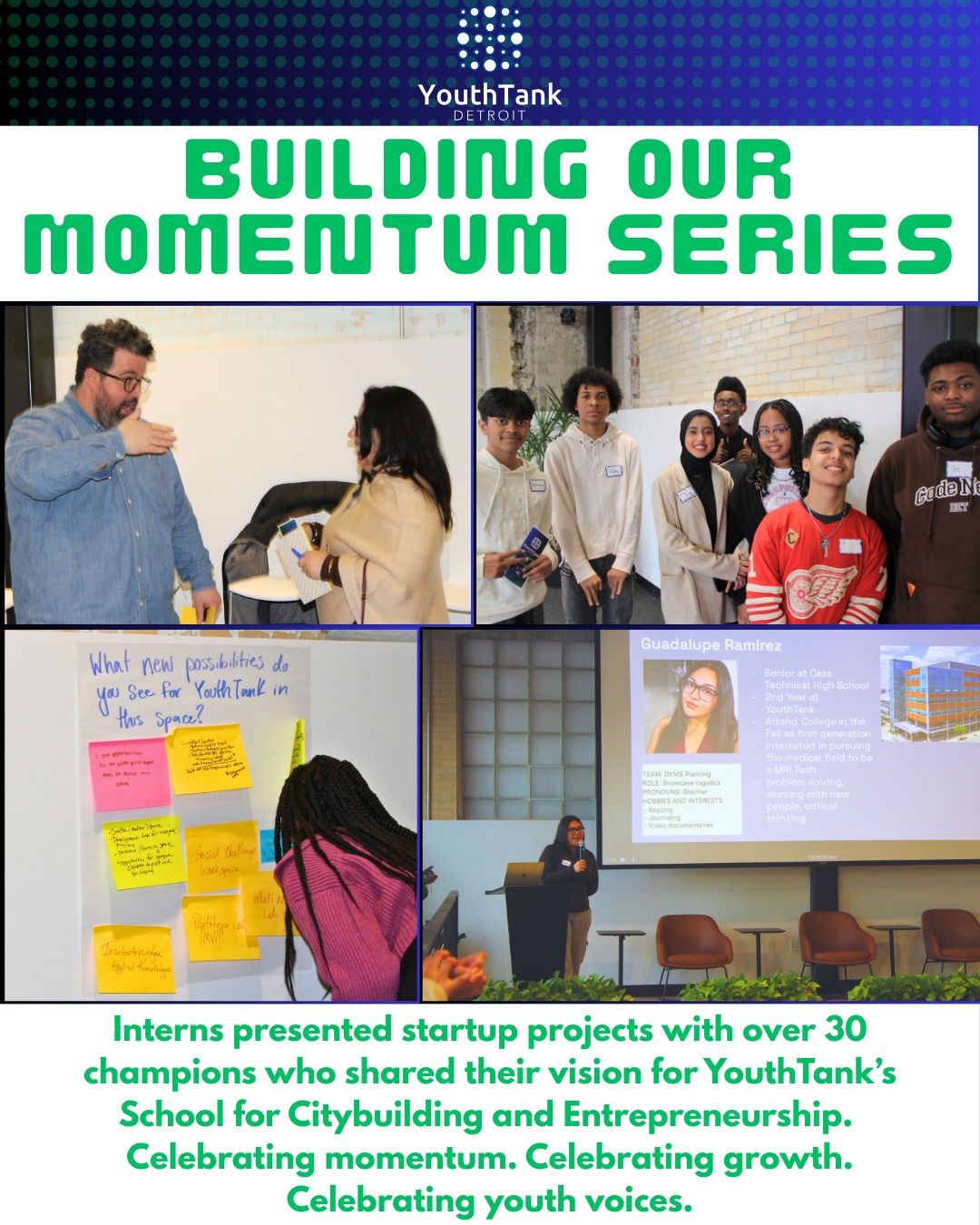 Such inspiring gatherings at YouthTank! 💫
YouthTank interns shined presenting their startup projects to YT stakeholders. The energy in the room was full of pride and possibility.
Shoutout to POGO (Politics On The Go), JustAir, JLGP (Joe Louis Greenway Partnership), and our newest interns for sharing their work and adding so much heart to the showcase. ✨
We wrapped the evening with a workshop where YouthTank champions workshopped ideas for our School for Citybuilding and Entrepreneurship.
Celebrating momentum. Celebrating growth. Celebrating youth voices. 💛
@pogo.vote @justairco @jlgpartnership
#YouthTank #CelebratingMomentum #YouthLeadership #CommunityConversations