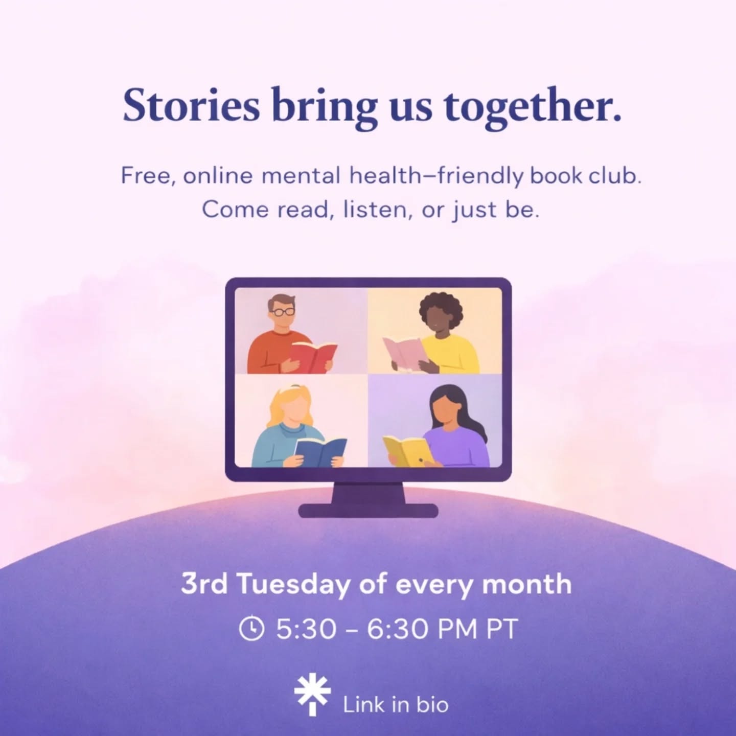 Our monthly Book Club is a relaxed, supportive space to discuss books that explore ideas, feelings, and whatever comes up. No need to have read the book! Come and enjoy the discussion.
📅 3rd Tuesday of every month
⏰ 5:30–6:30 PM PT
📖 Free • Online • Peer-led
🔗 Link in bio.